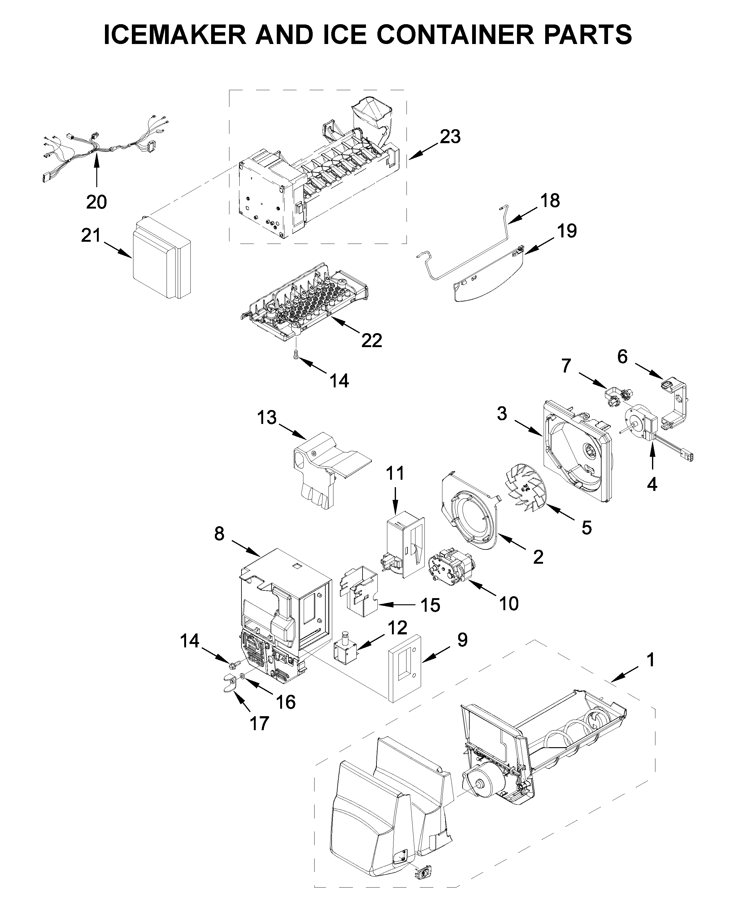 Maytag MFI2570FEZ08 icemaker and ice container parts diagram