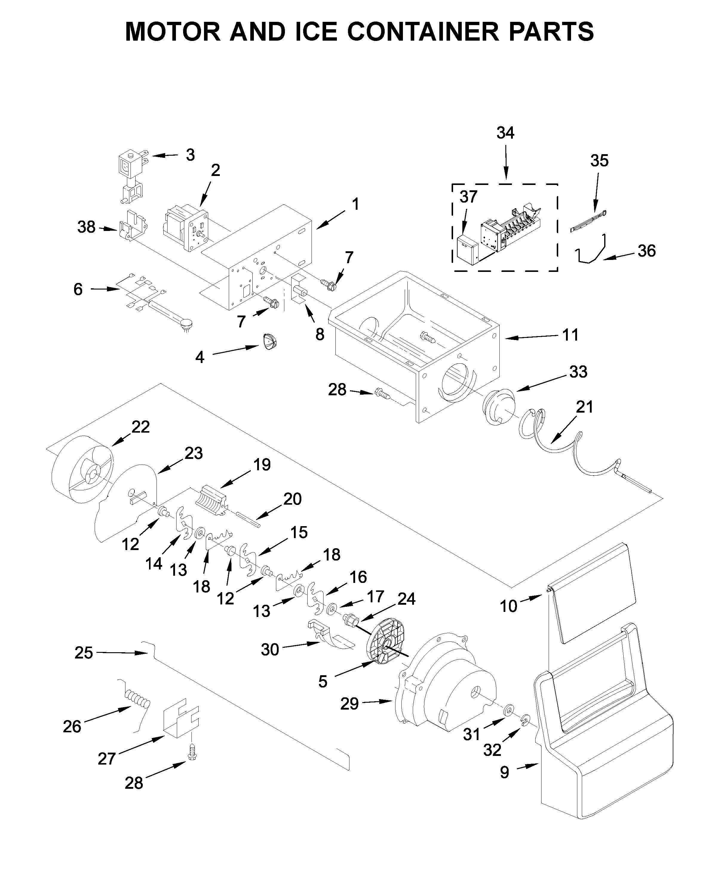 Whirlpool WRS321SDHW04 motor and ice container parts diagram