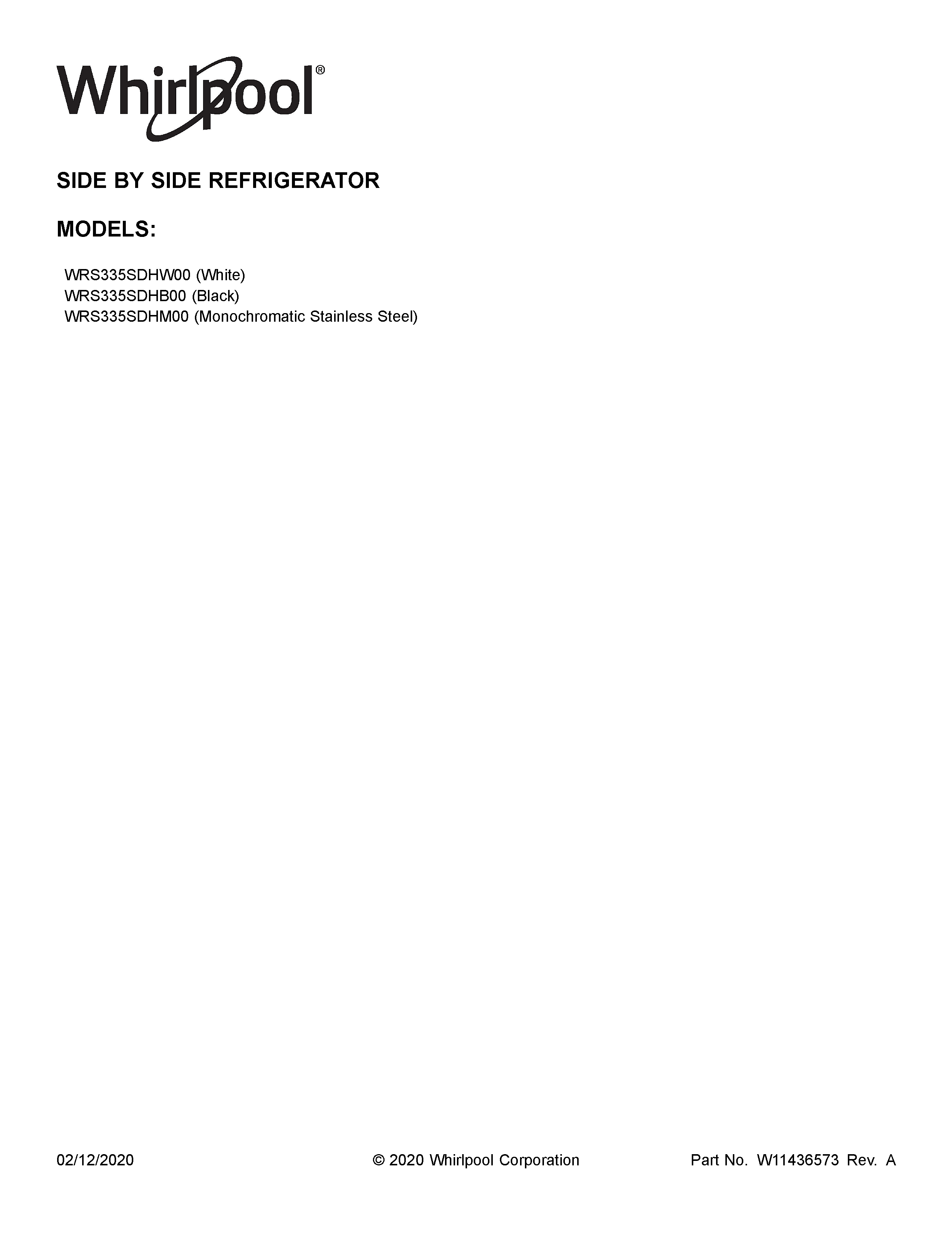 Whirlpool WRS335SDHB00 cover sheet diagram