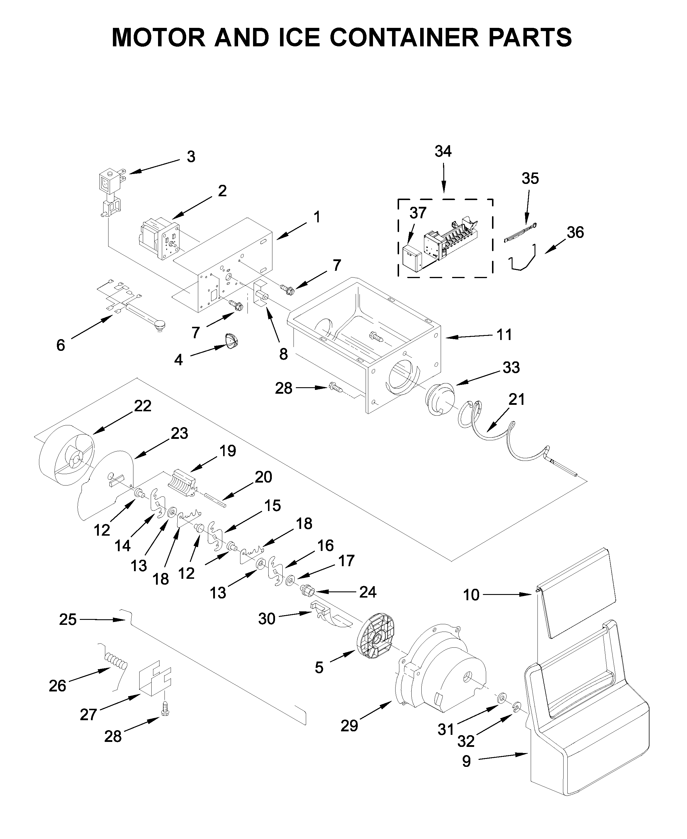 Whirlpool WRS335SDHB00 motor and ice container parts diagram