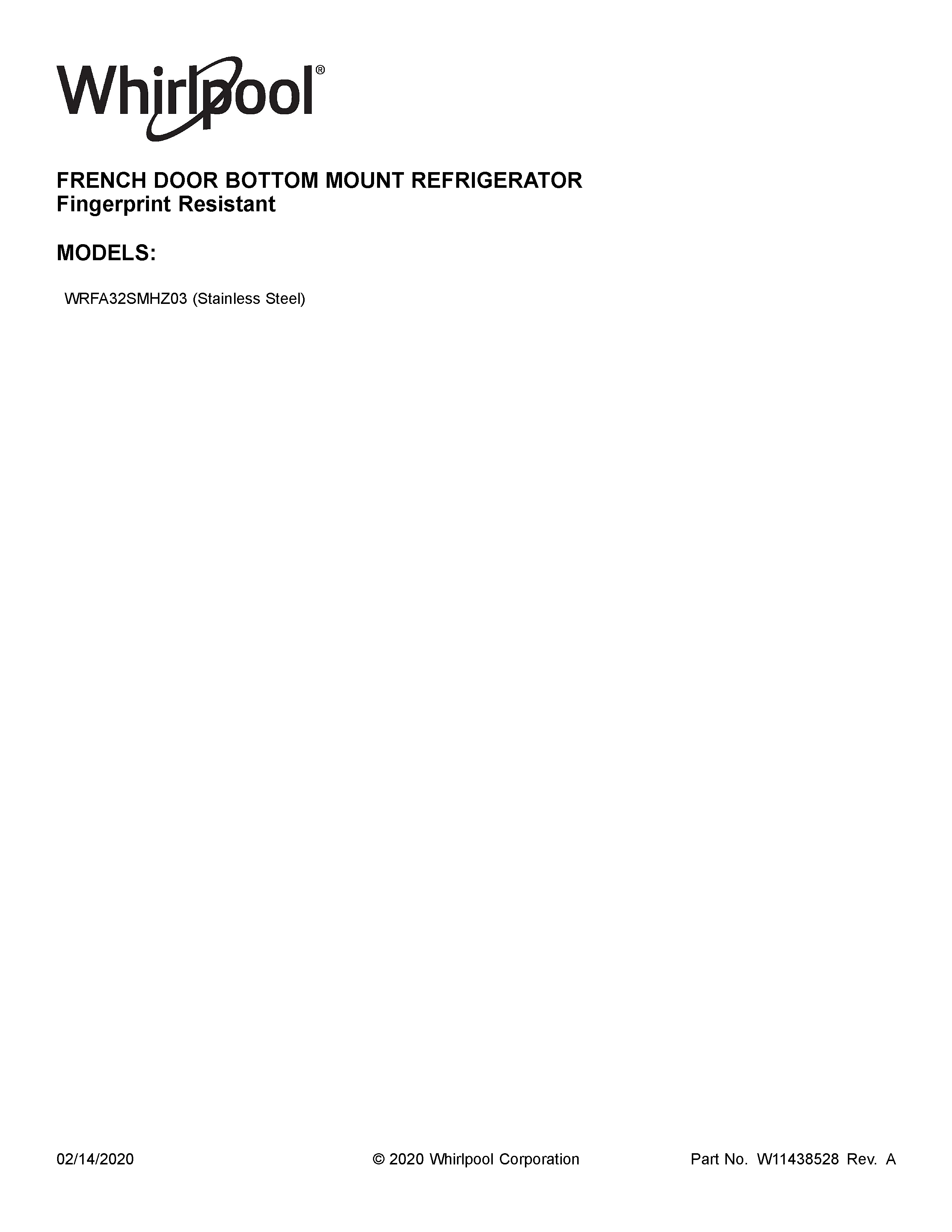 Whirlpool WRFA32SMHZ03 cover sheet diagram