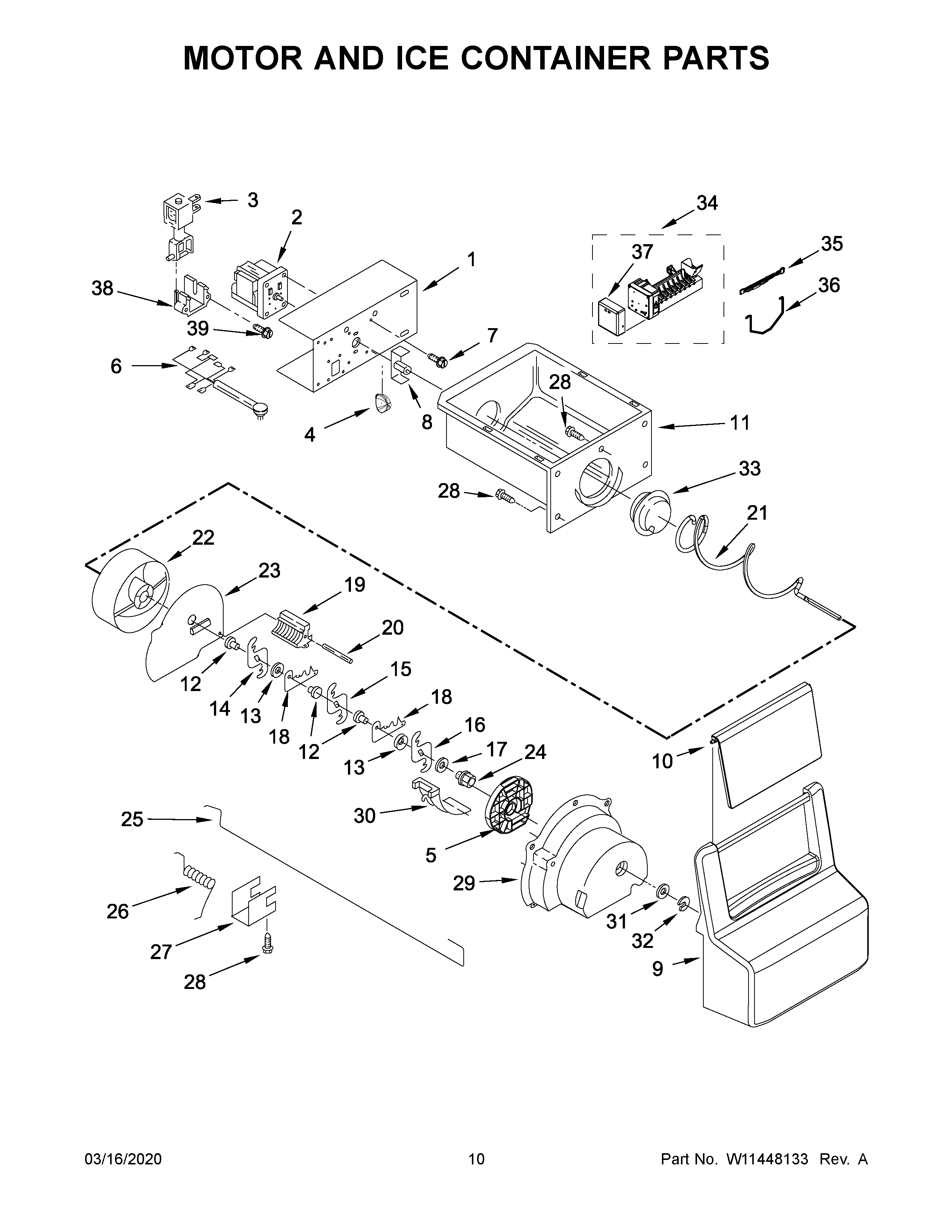 Amana ASI2175GRW03 motor and ice container parts diagram