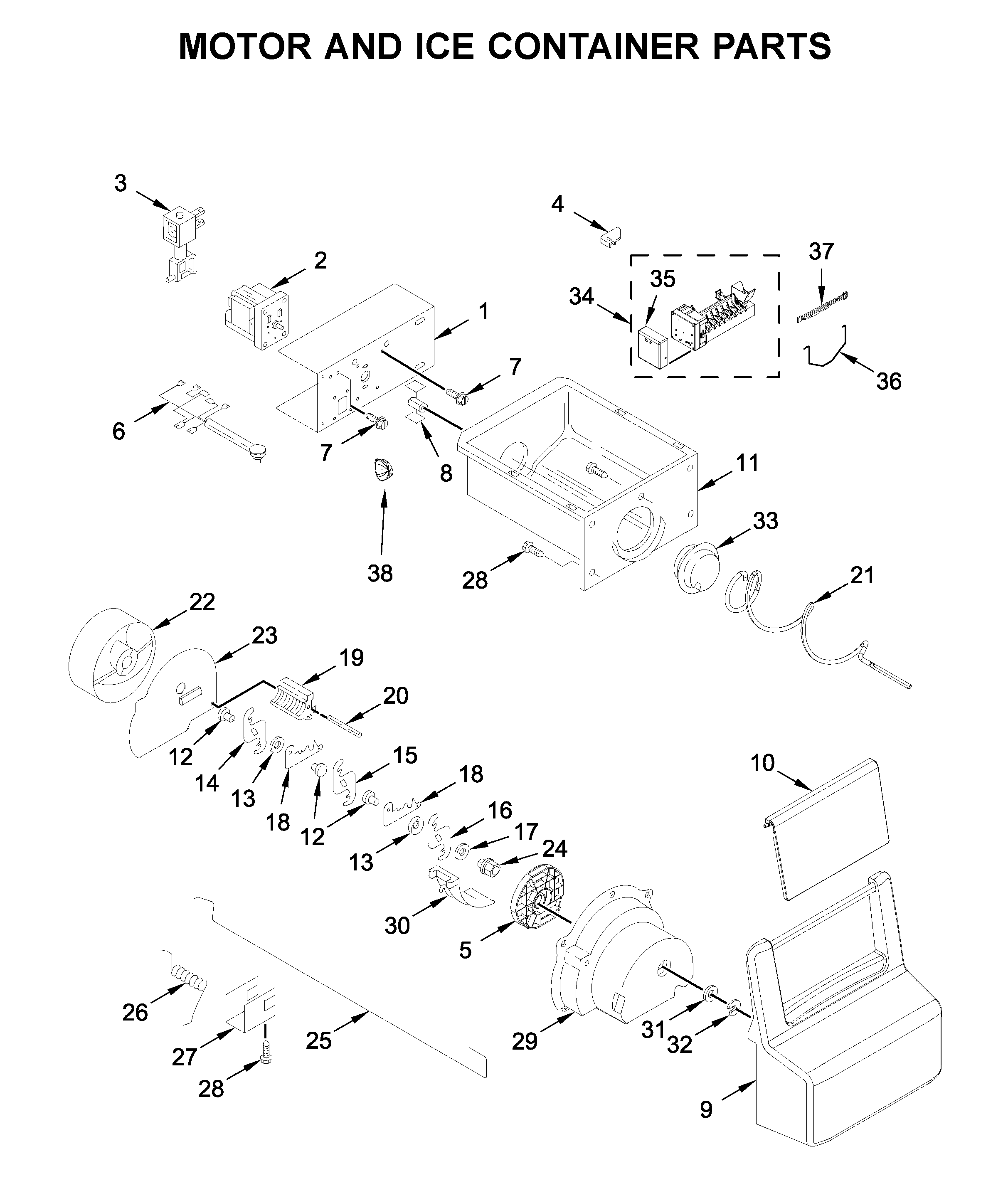 Whirlpool WRS315SDHB04 motor and ice container parts diagram