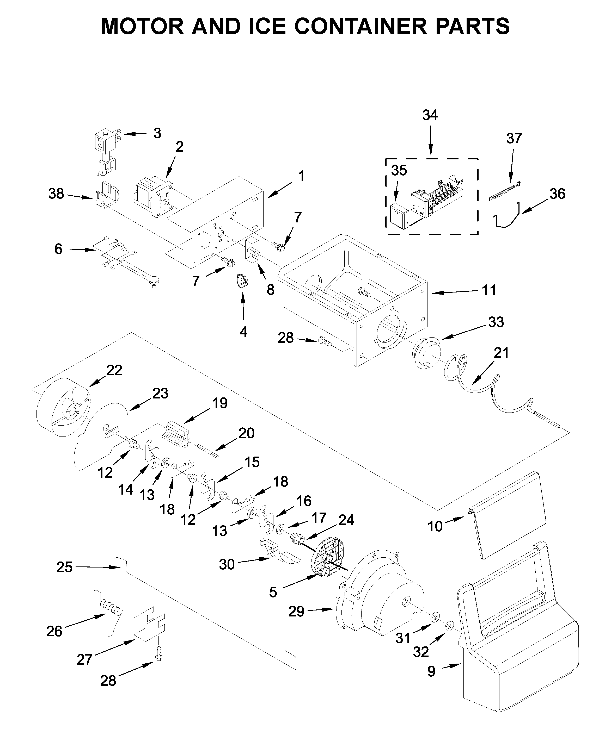 Whirlpool WRS331SDHW02 motor and ice container parts diagram