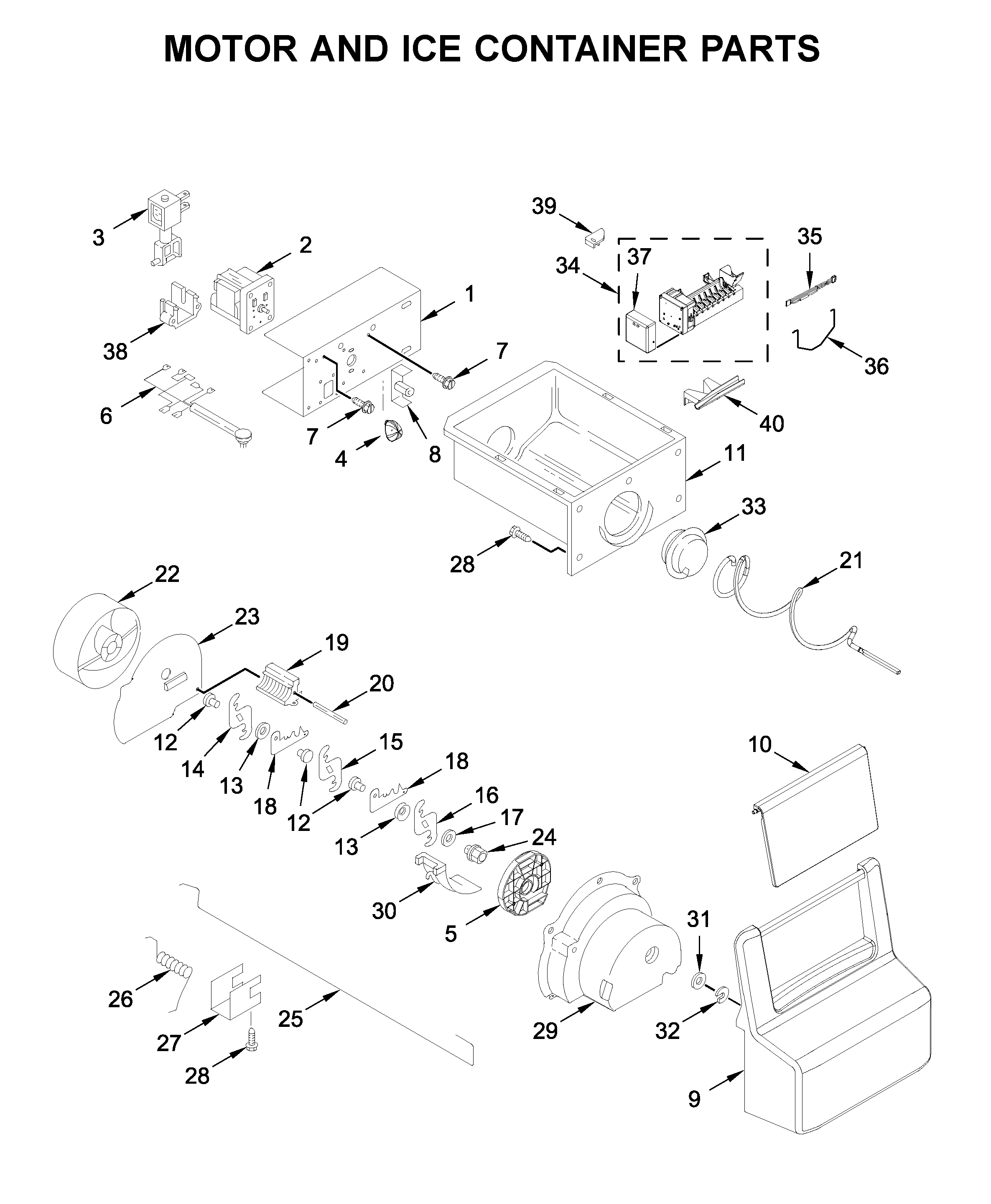 Whirlpool WRS311SDHT03 motor and ice container parts diagram