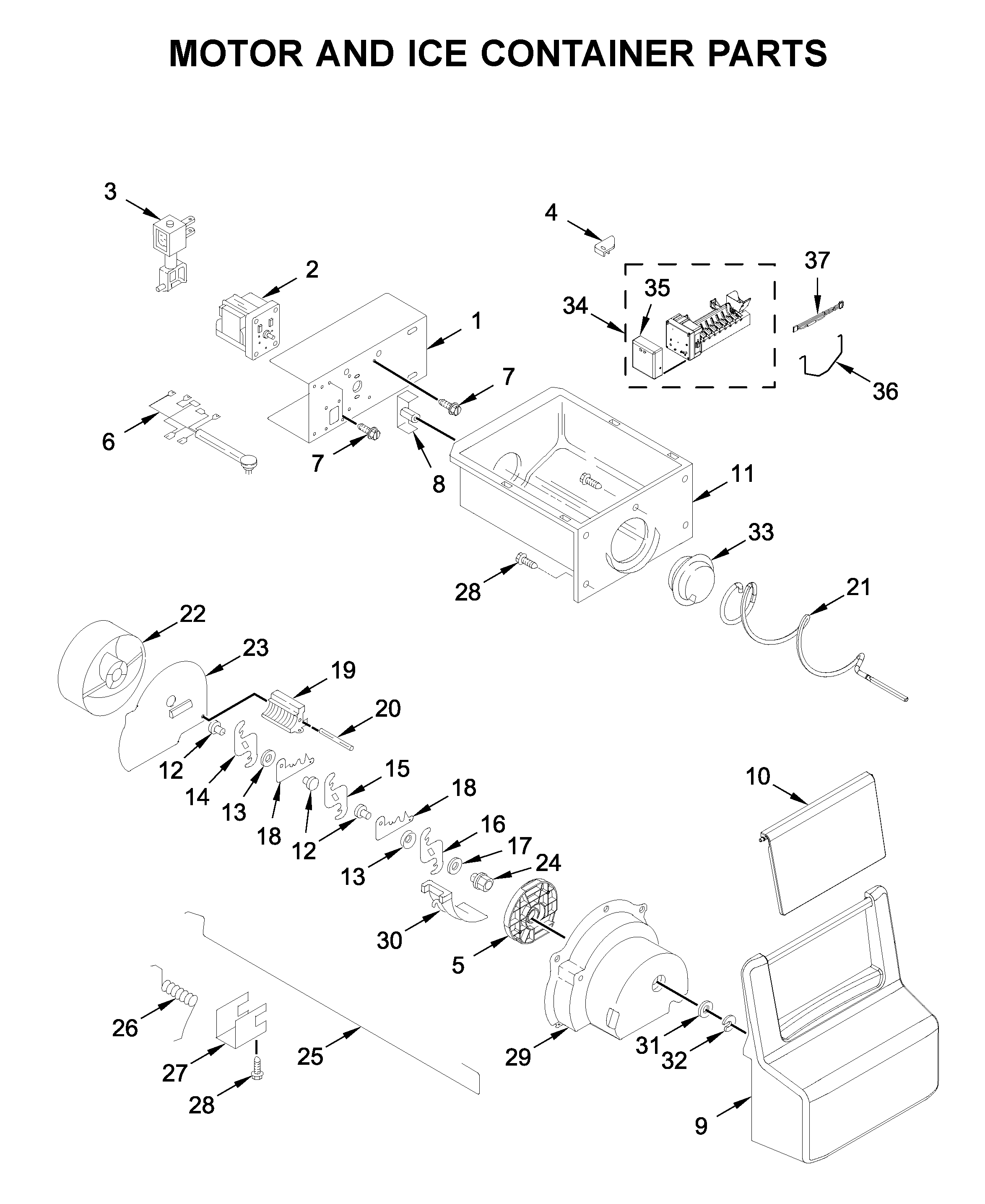Whirlpool WRS315SDHZ02 motor and ice container parts diagram