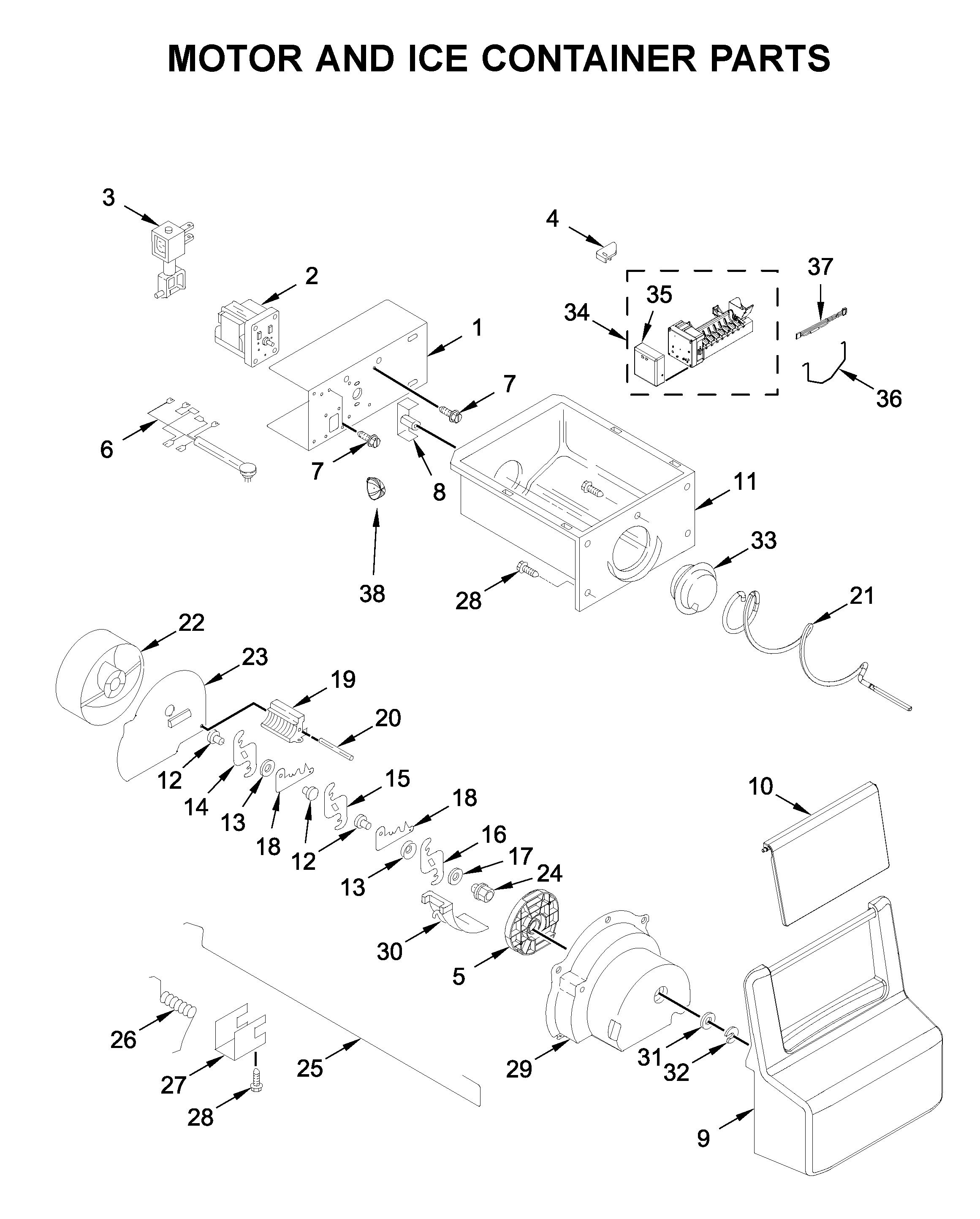 Whirlpool WRS315SDHM04 motor and ice container parts diagram