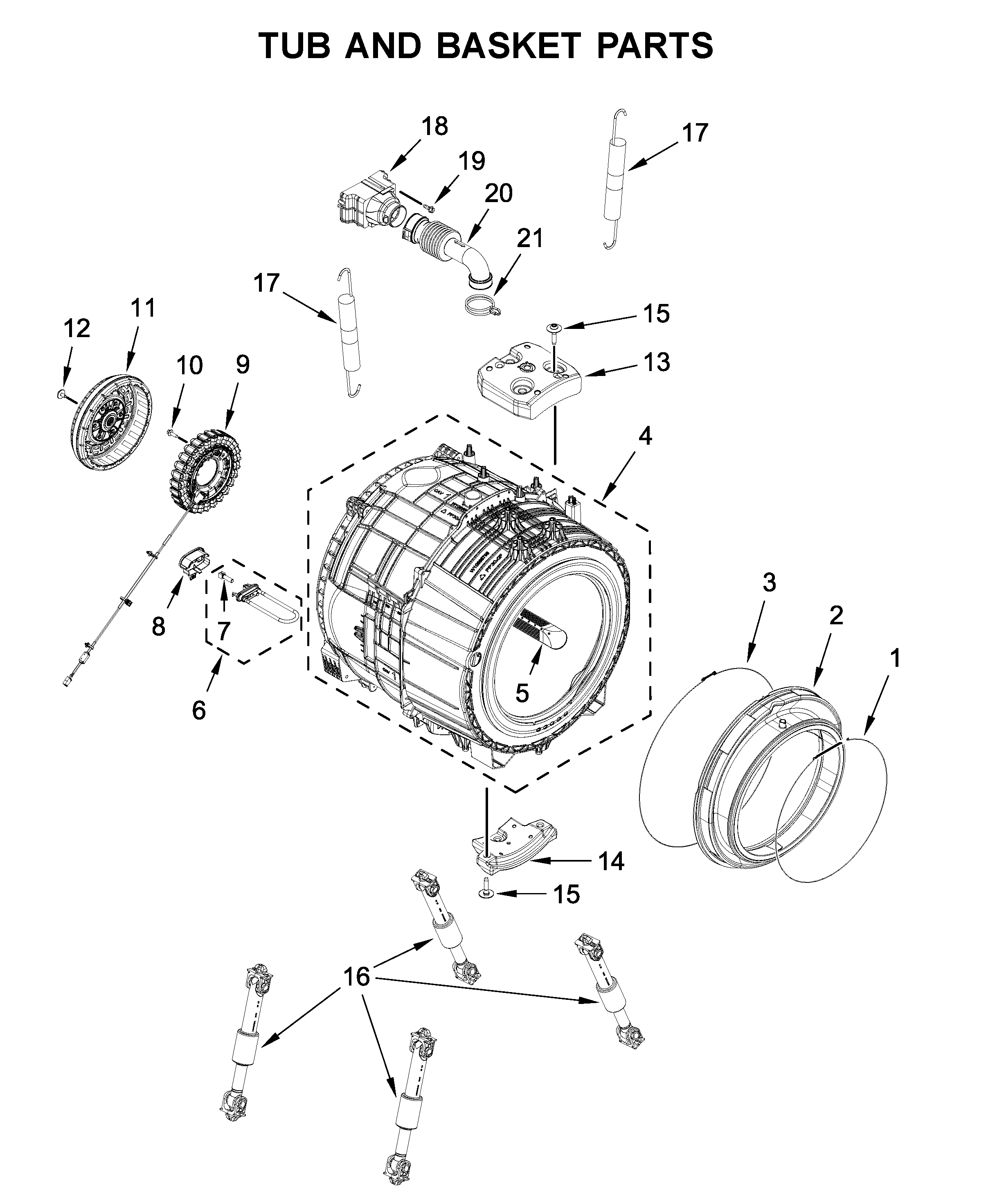 Whirlpool WFW5620HW1 tub and basket parts diagram