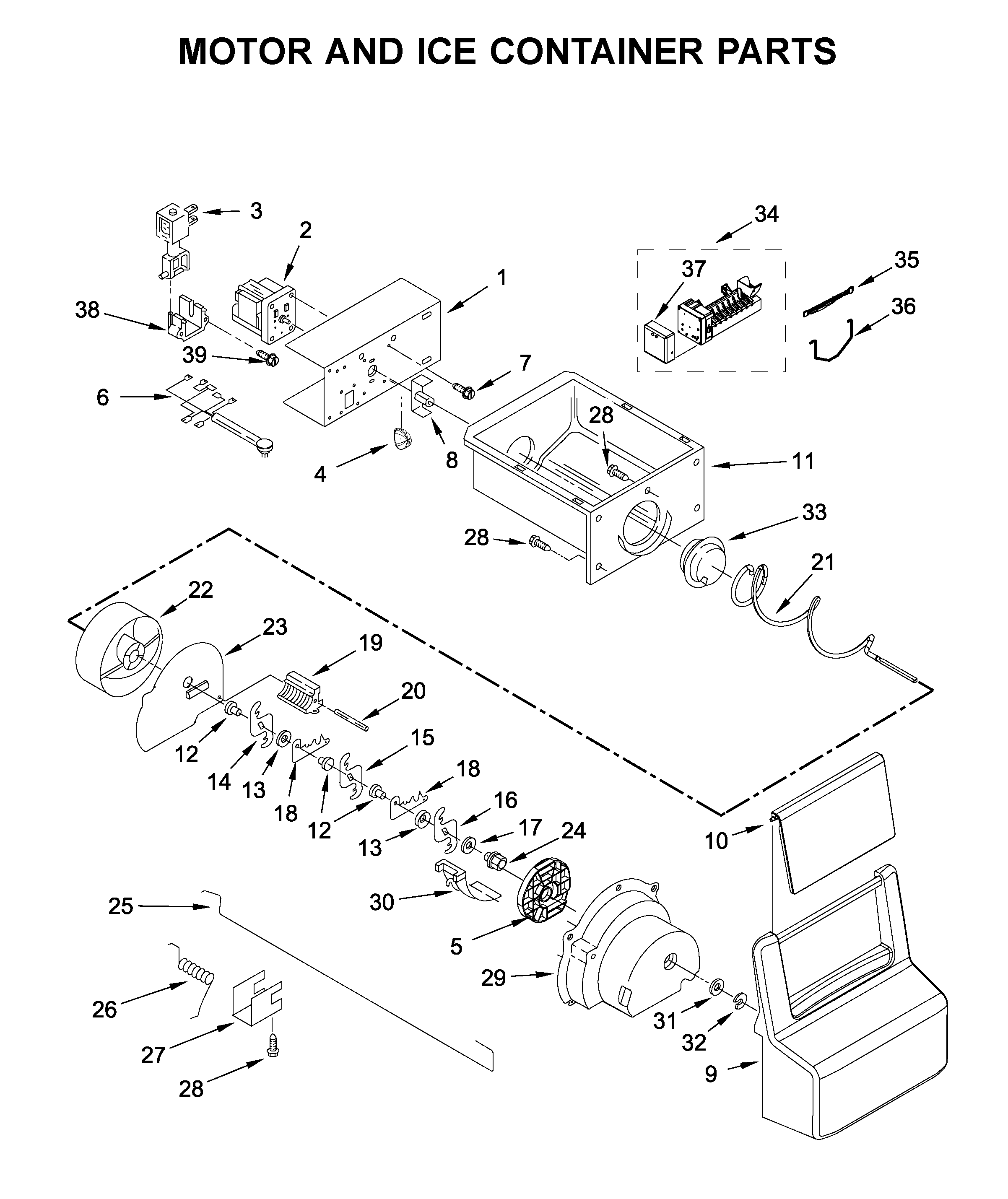 Amana ASI2175GRS04 motor and ice container parts diagram