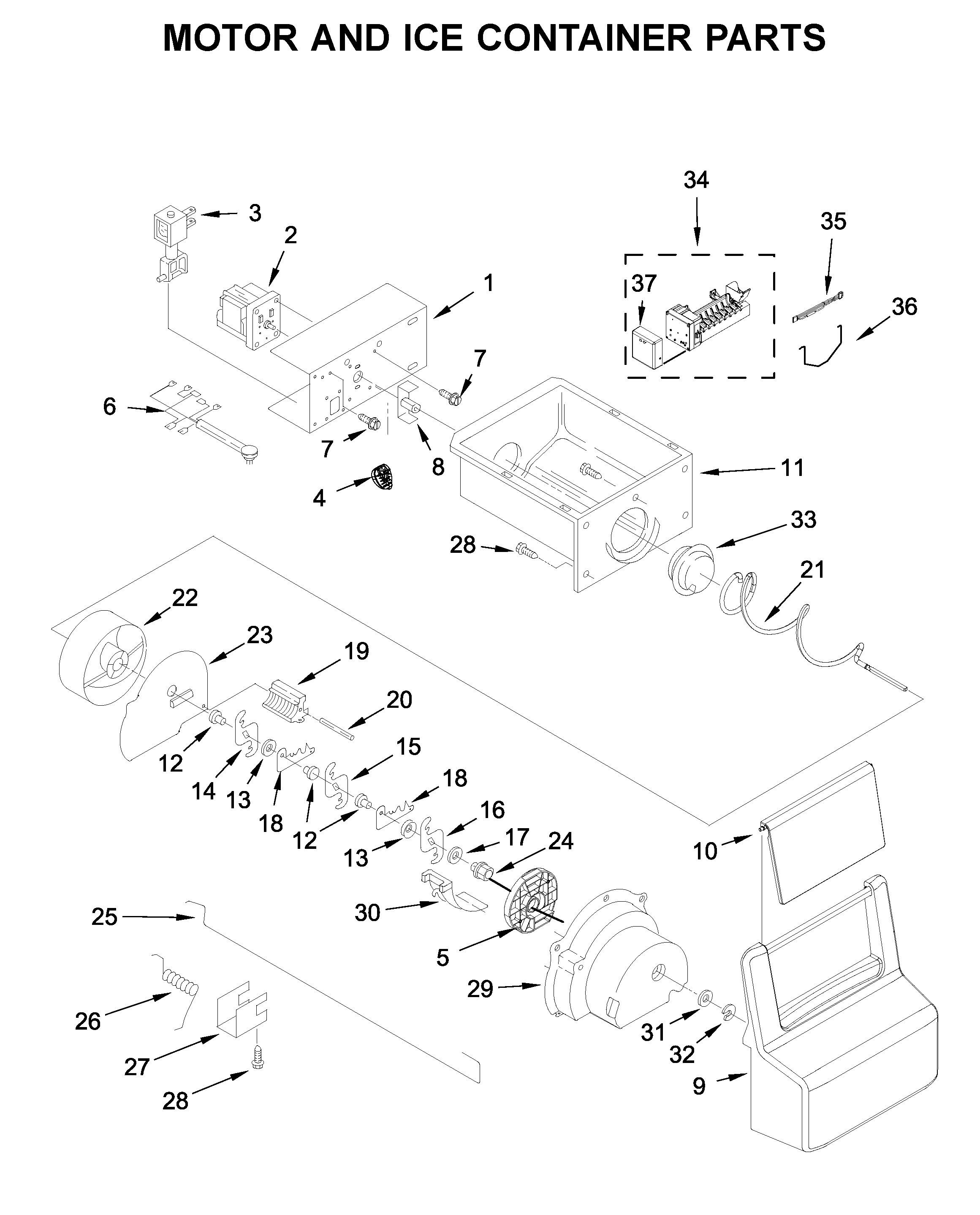 Amana ASI2575GRS05 motor and ice container parts diagram