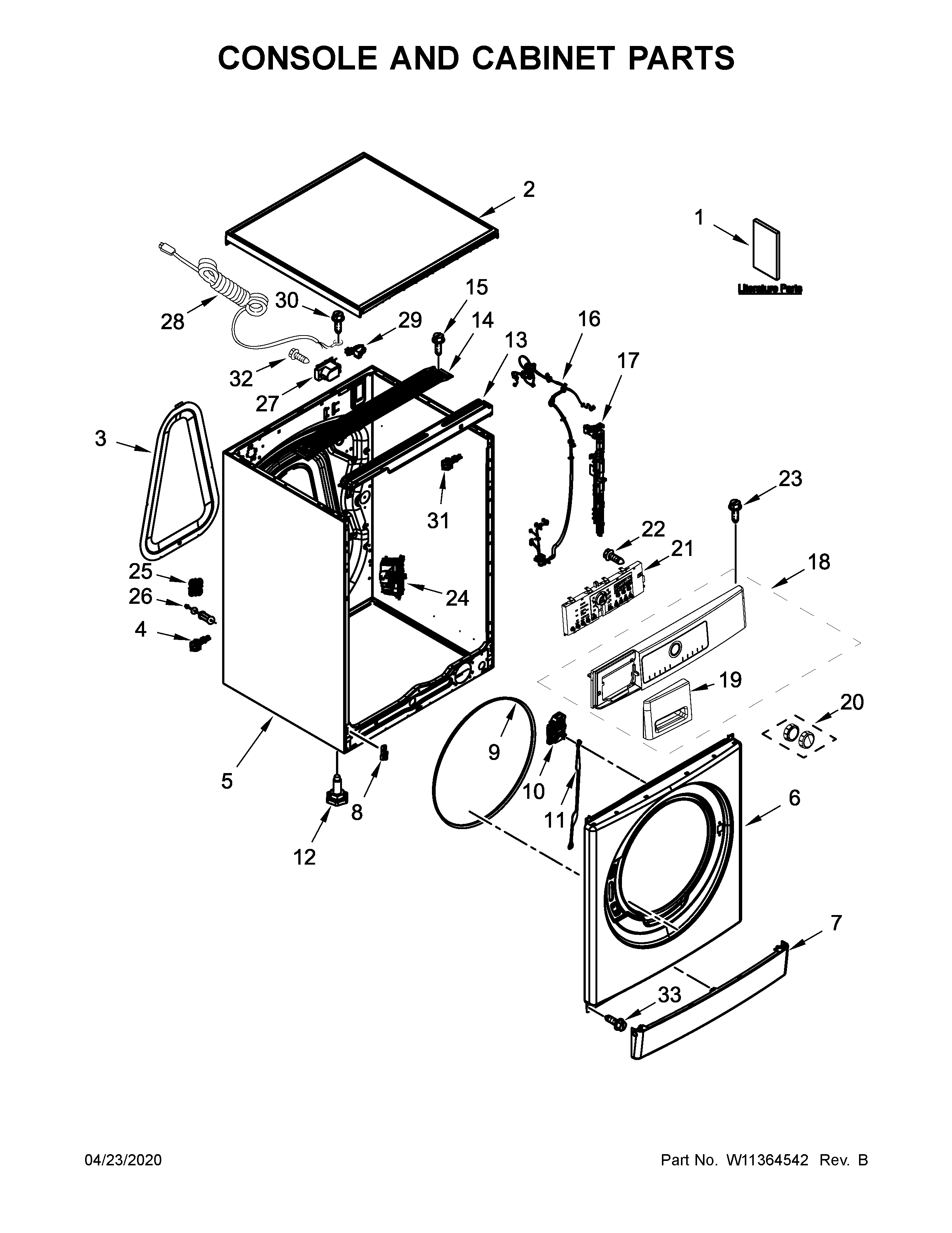 Whirlpool WFW5090JW0 console and cabinet parts diagram
