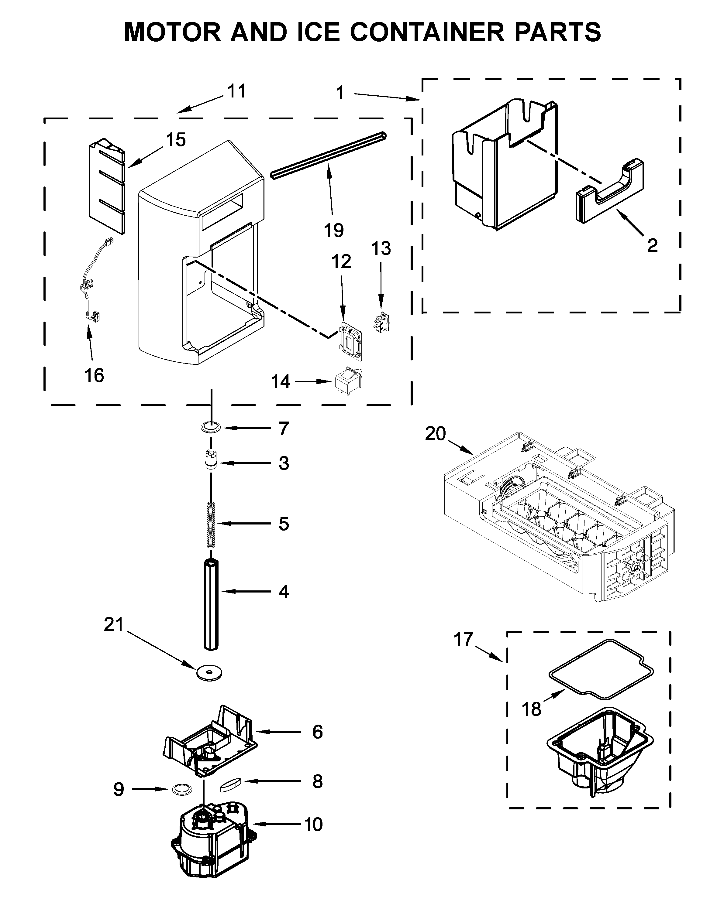 Whirlpool WRS555SIHB03 motor and ice container parts diagram