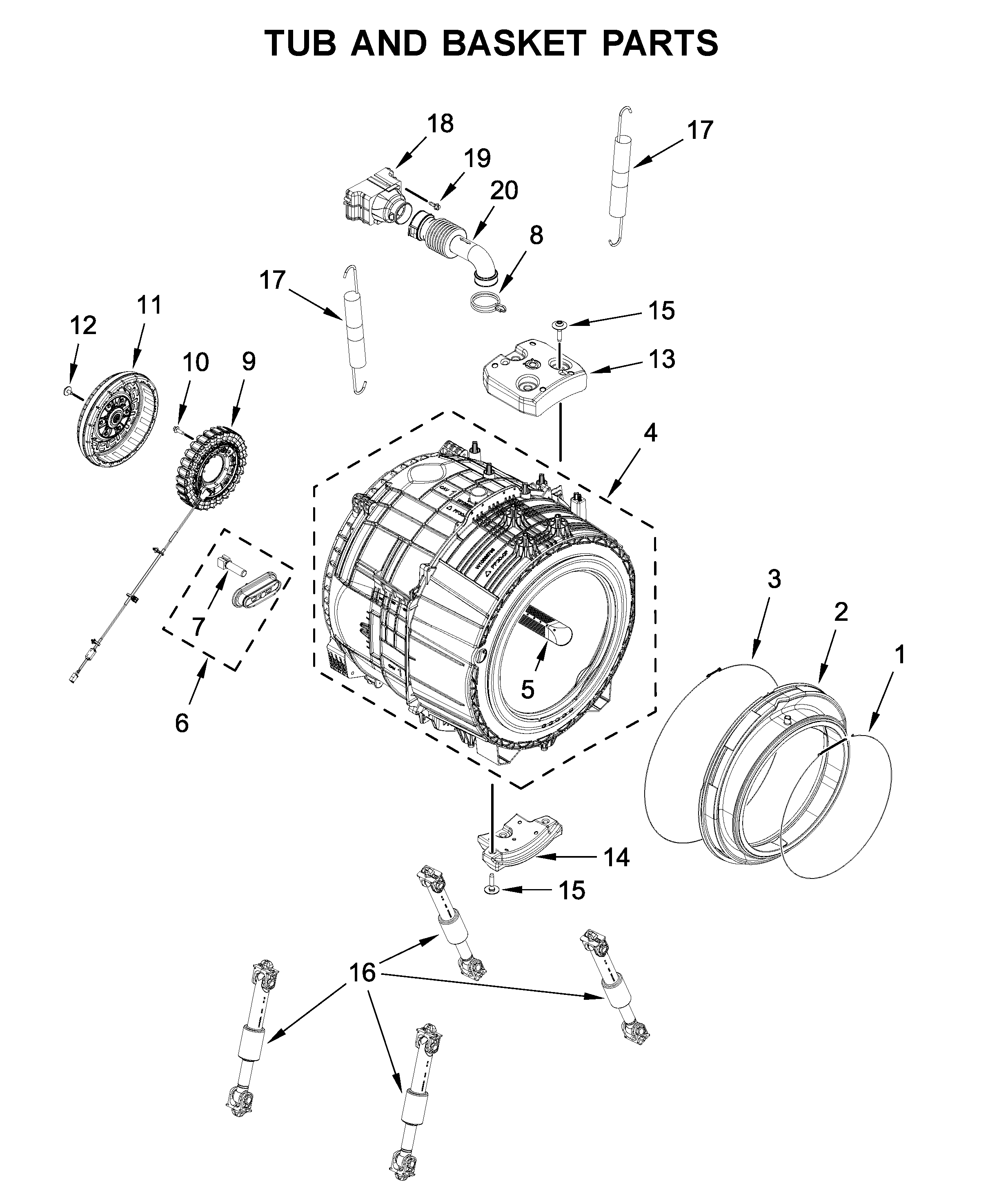 Whirlpool 8TWFW5620HW0 tub and basket parts diagram