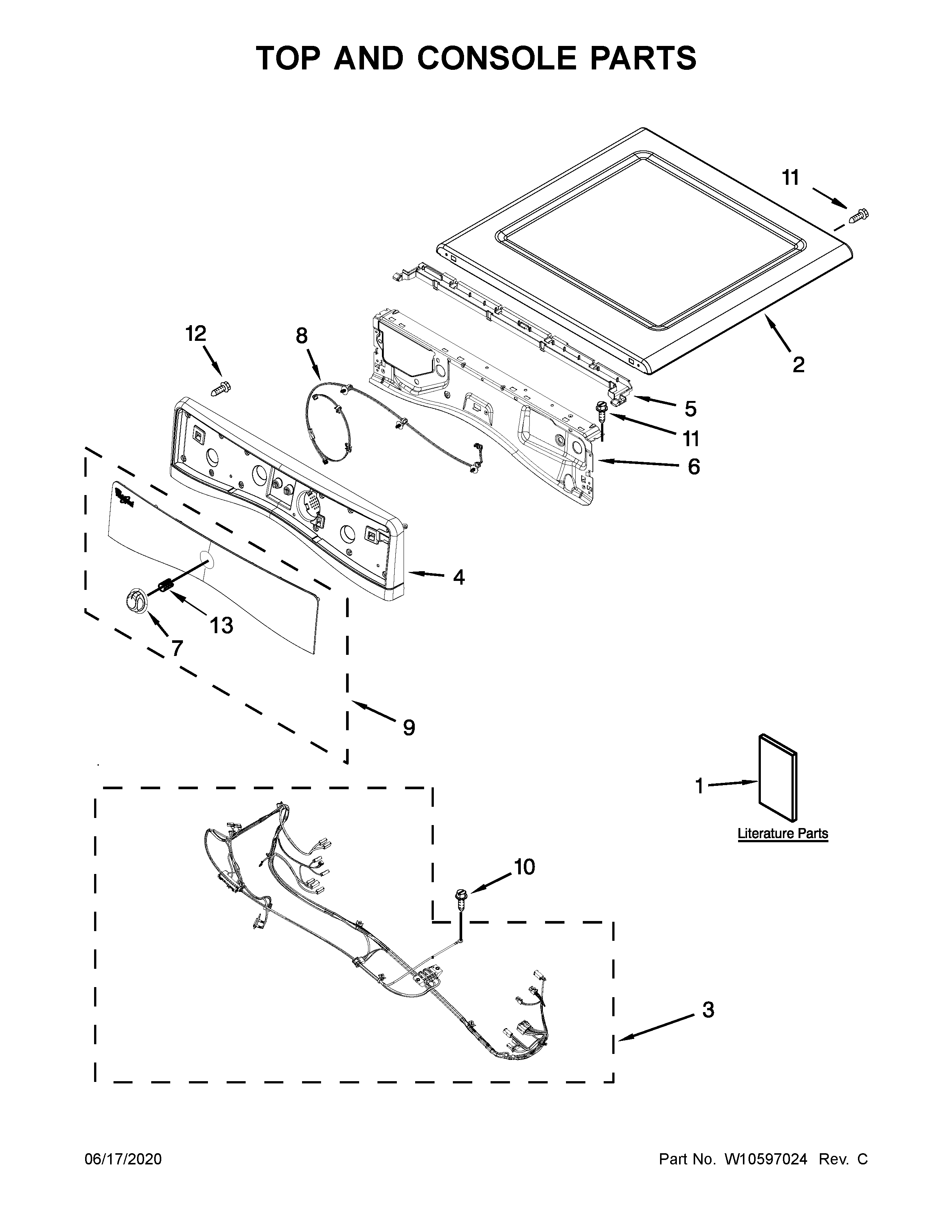 Whirlpool WED70HEBW0 top and console parts diagram