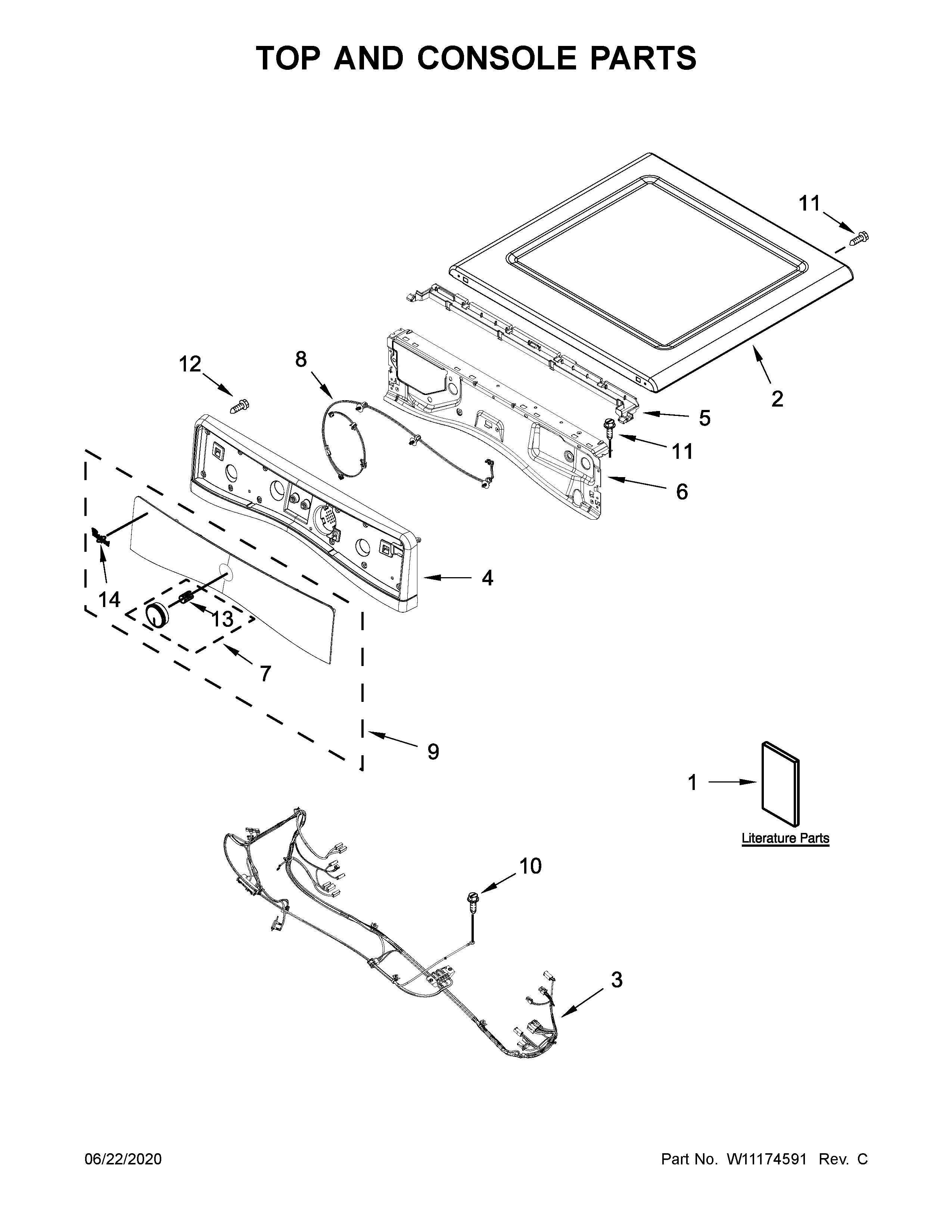Whirlpool WED7590FW1 top and console parts diagram