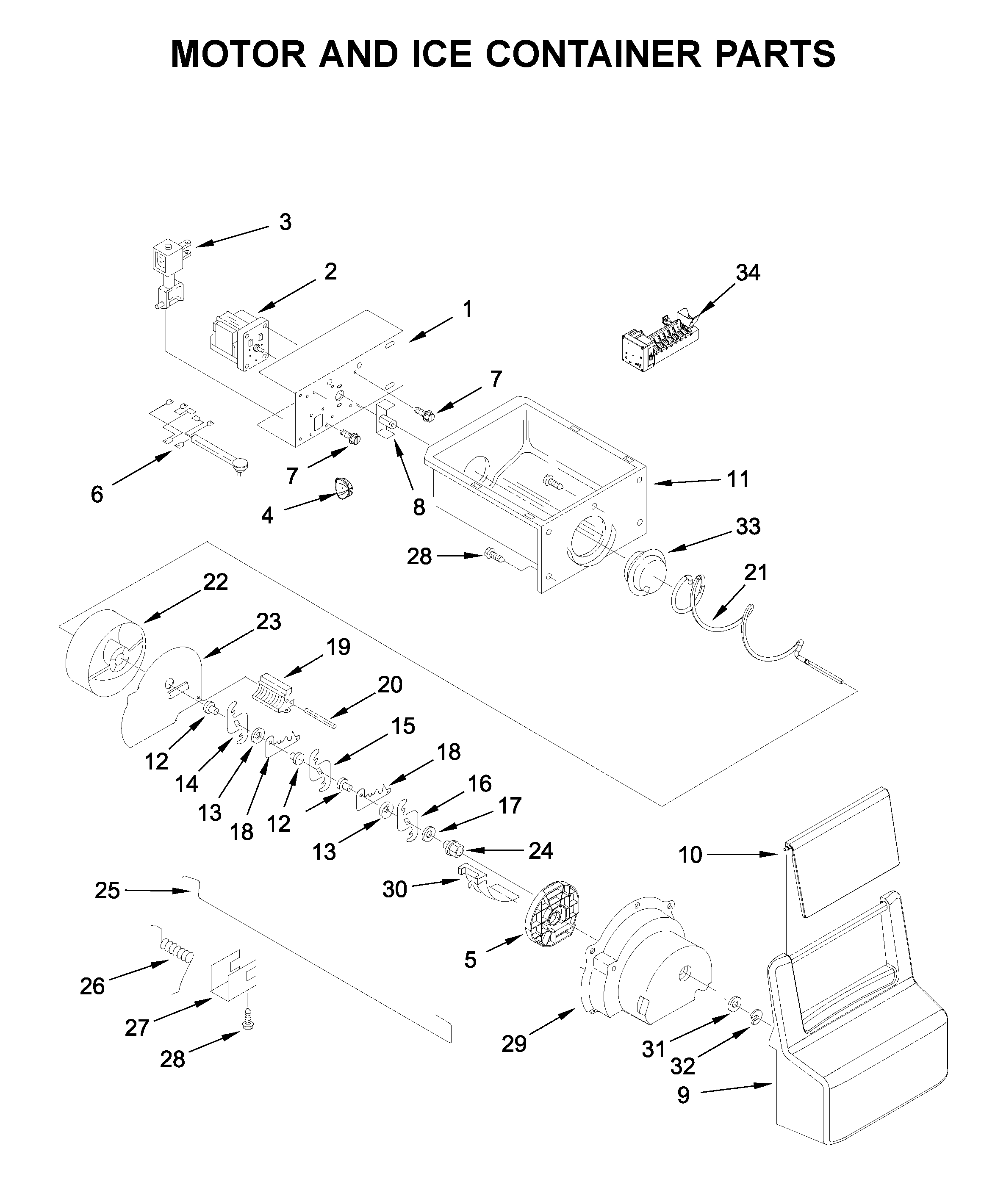 Whirlpool WRS335SDHW03 motor and ice container parts diagram
