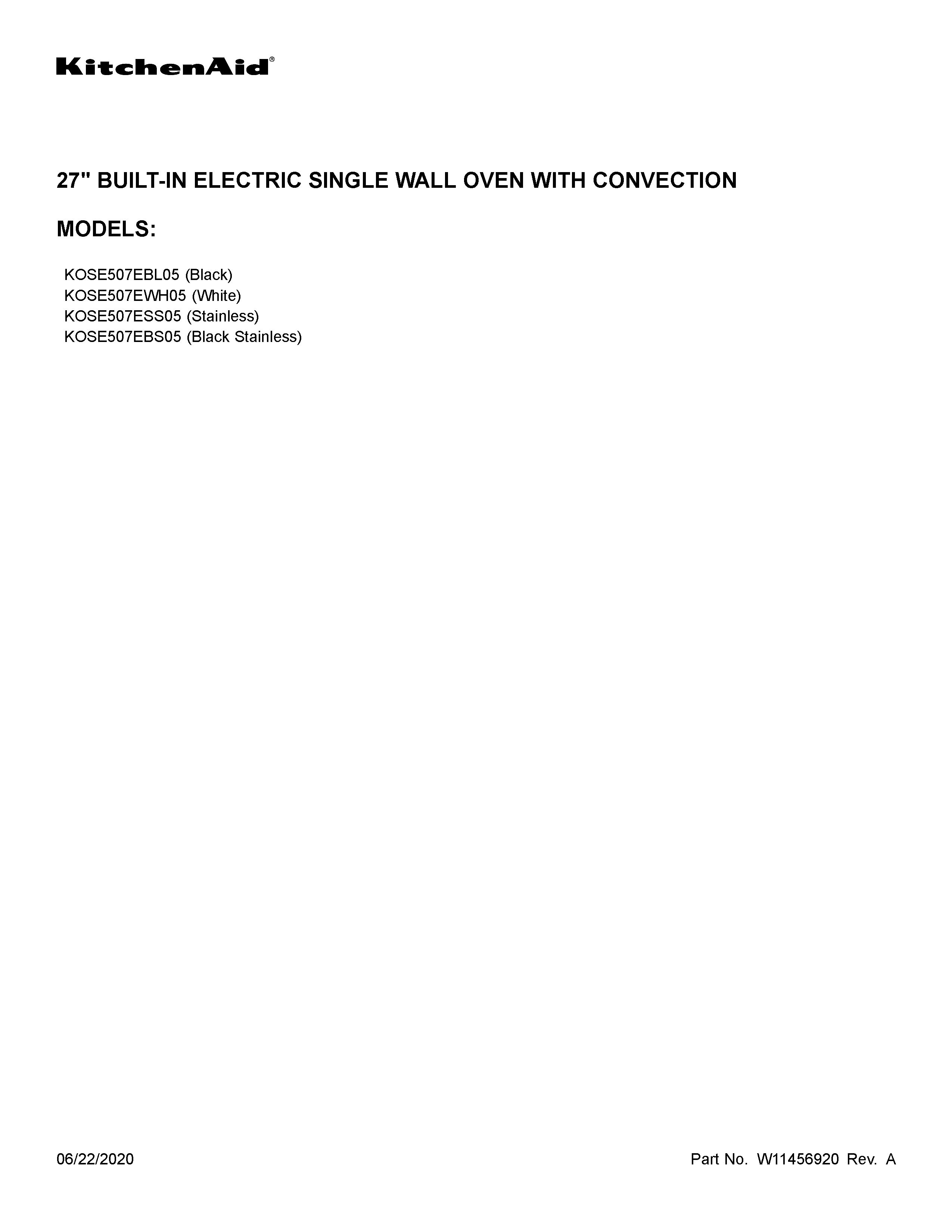 KitchenAid KOSE507EBS05 cover sheet diagram