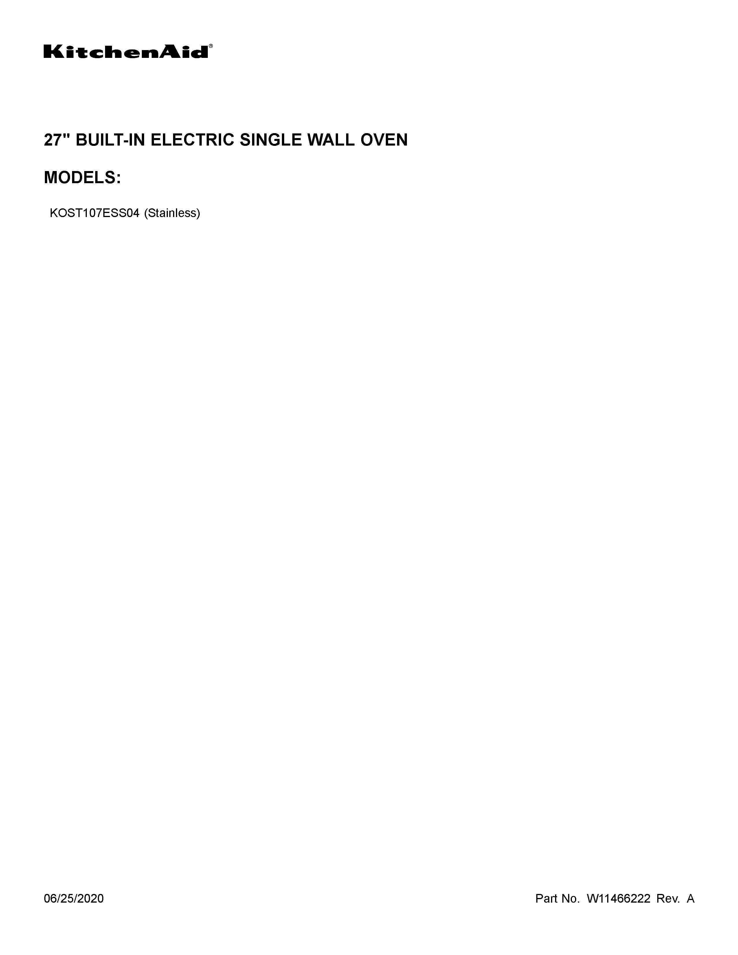 KitchenAid KOST107ESS04 cover sheet diagram