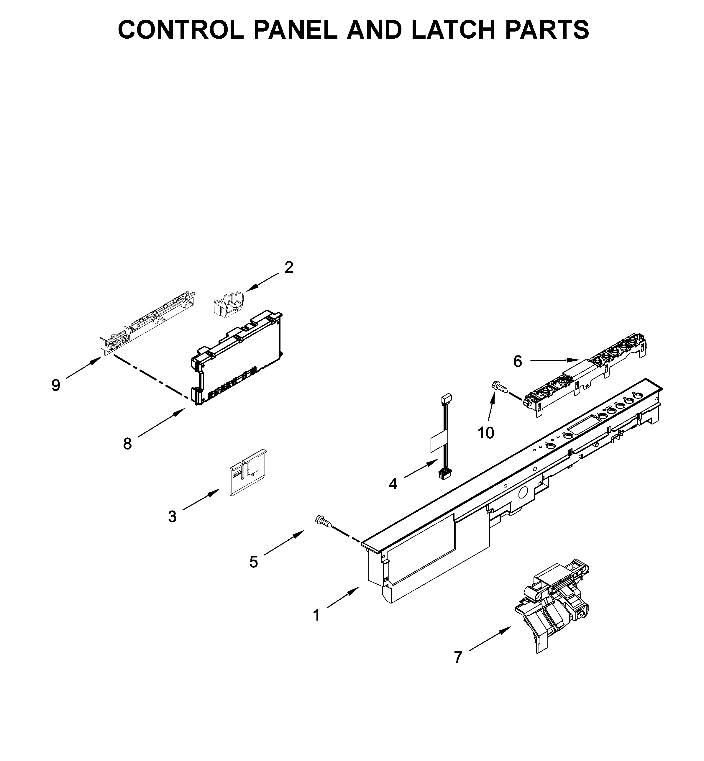 Whirlpool WDT705PAKB0 control panel and latch parts diagram