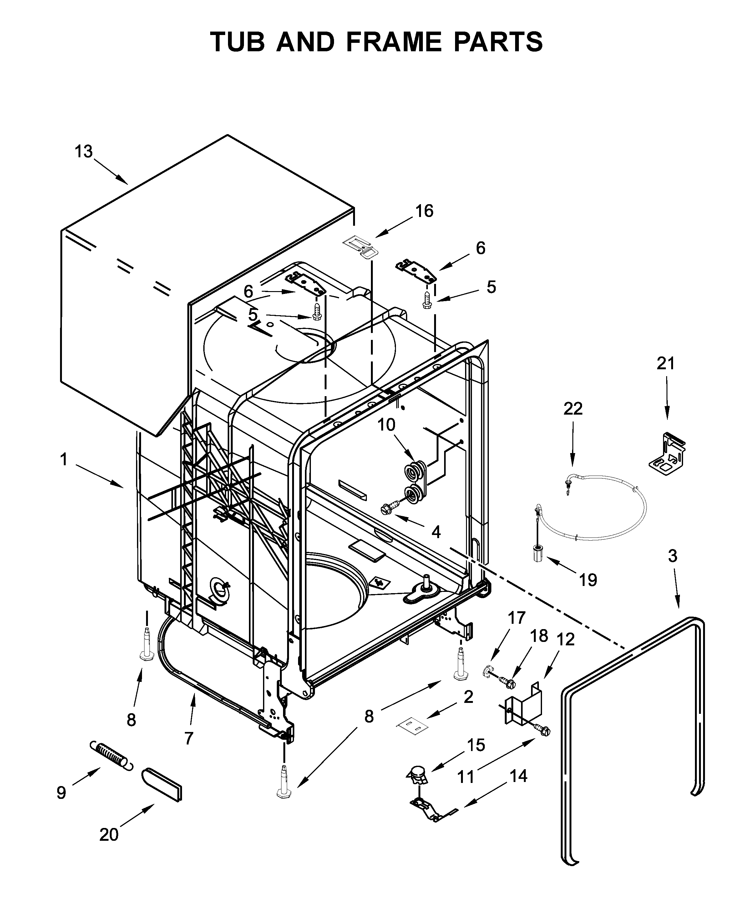 Whirlpool WDT705PAKB0 tub and frame parts diagram