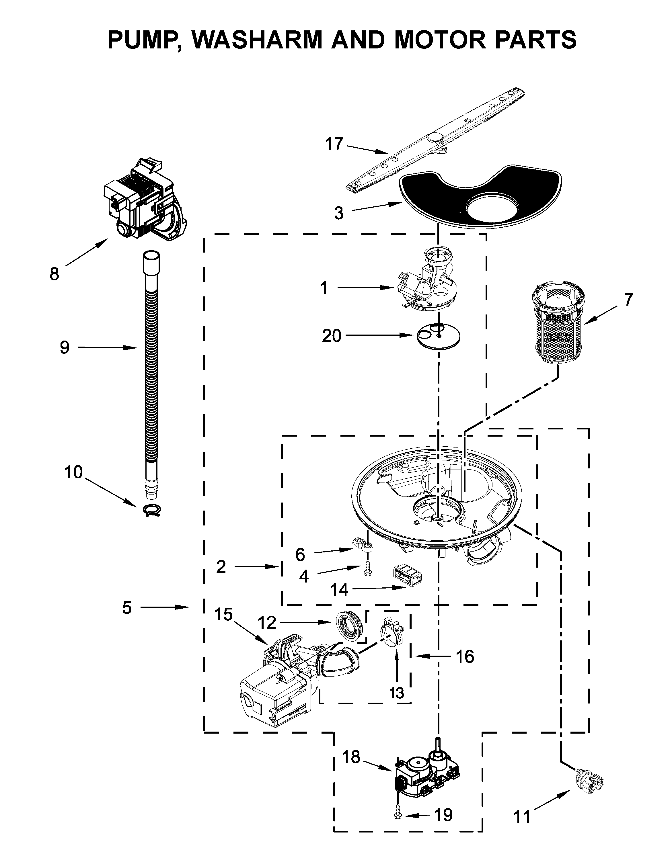Whirlpool WDT705PAKB0 pump, washarm and motor parts diagram