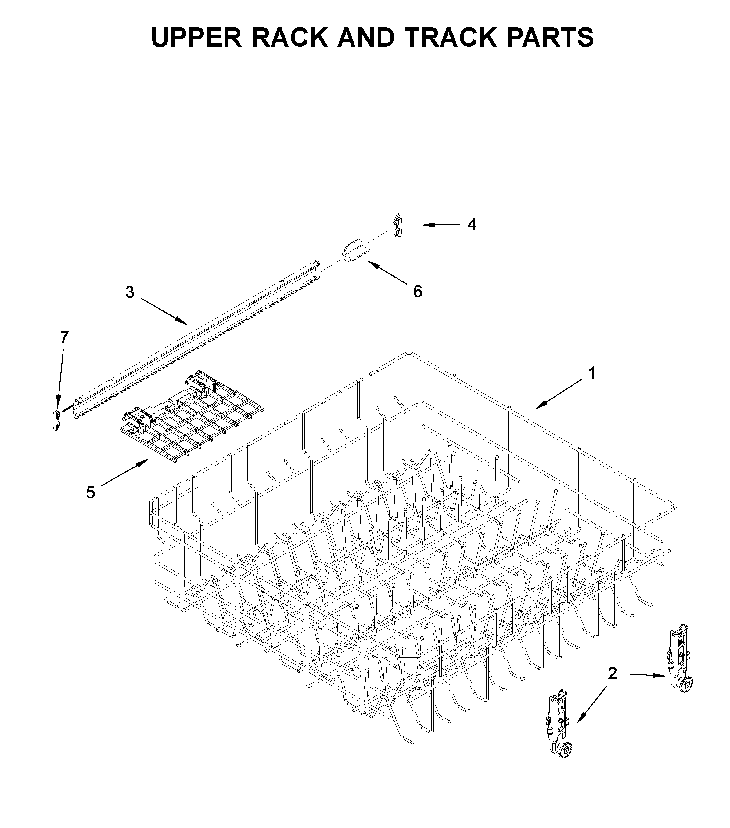 Whirlpool WDT705PAKB0 upper rack and track parts diagram