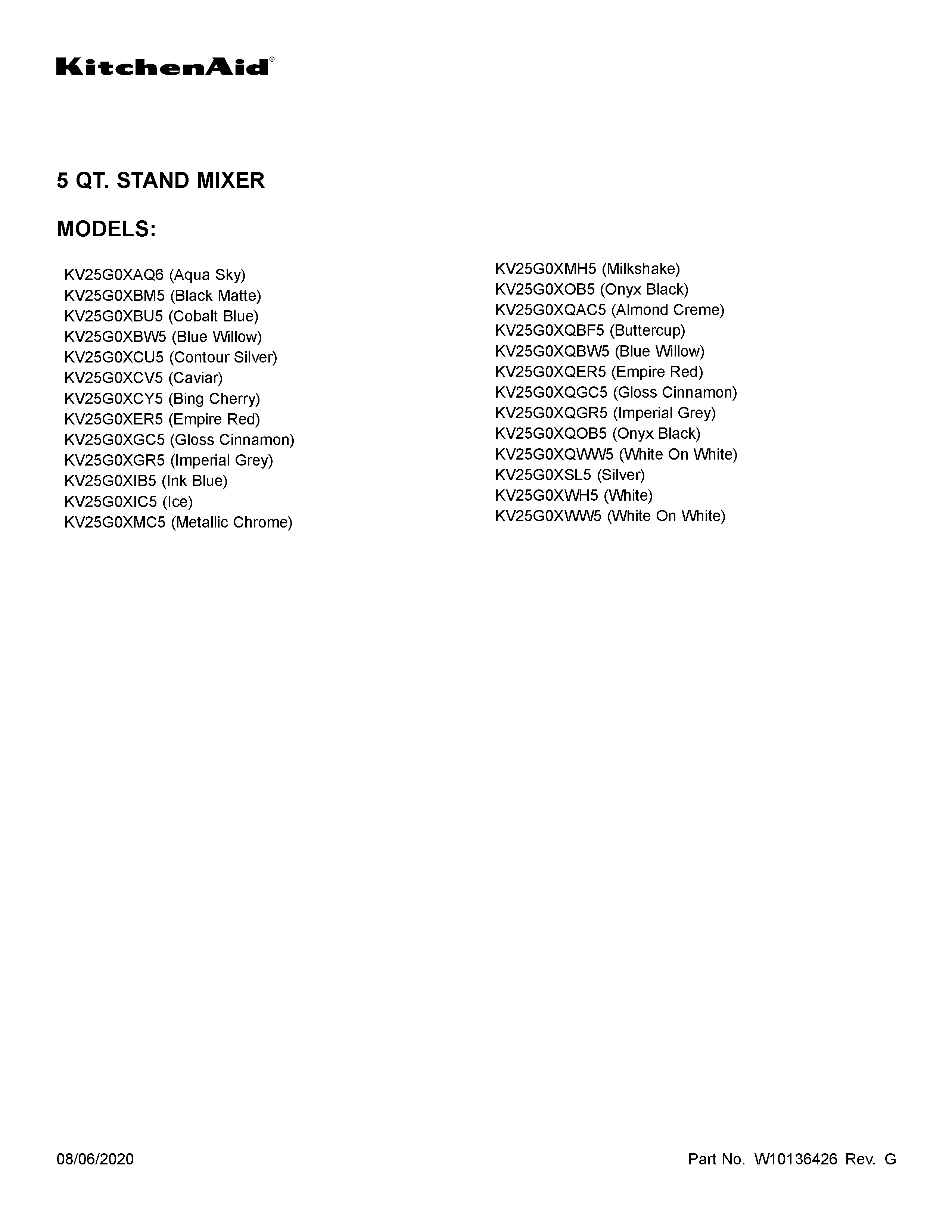 KitchenAid KV25G0XQWW5 cover sheet diagram