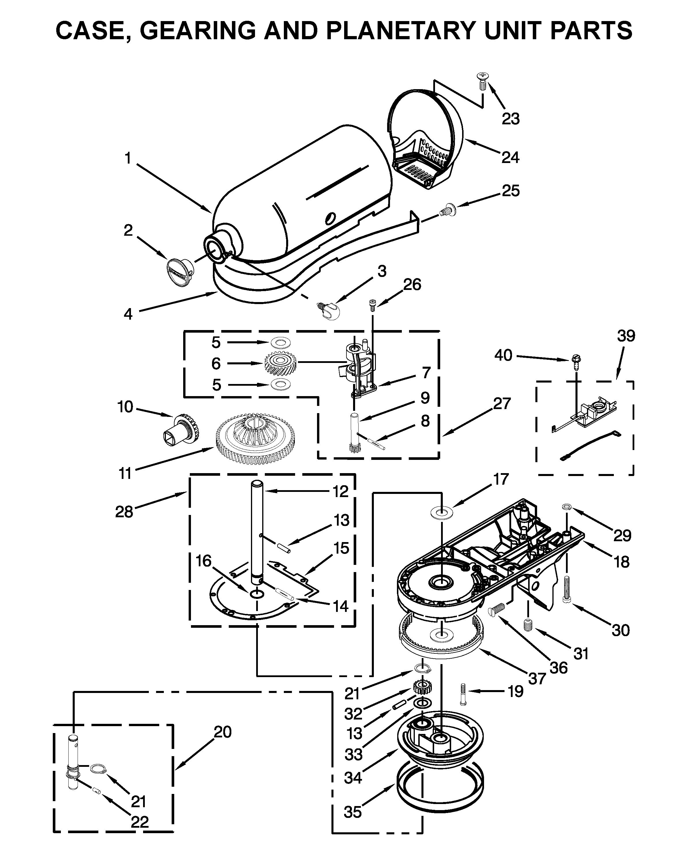 KitchenAid 5KSM125BDP4 case, gearing and planetary unit parts diagram