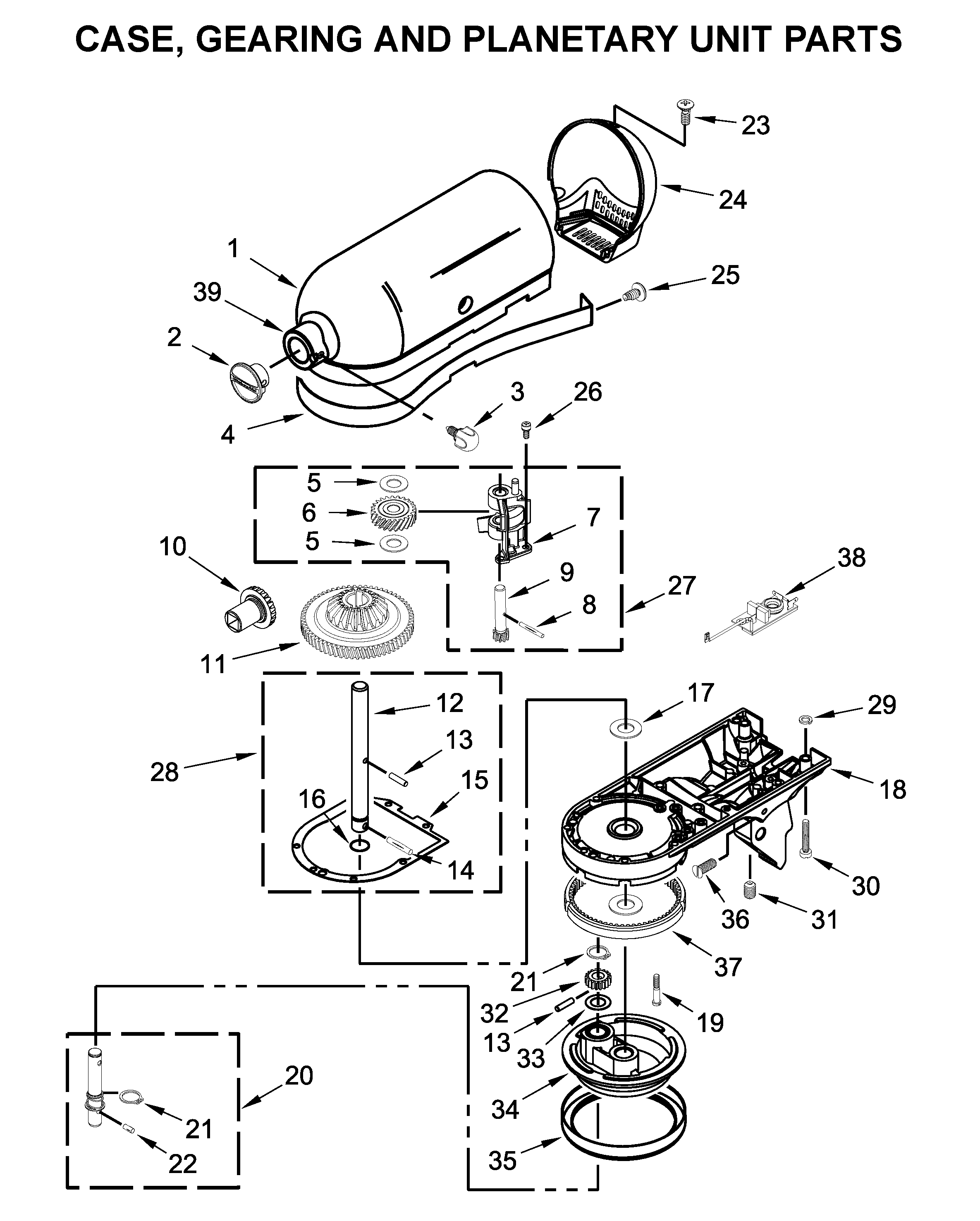KitchenAid 5KSM95PSECU4 case, gearing and planetary unit parts diagram