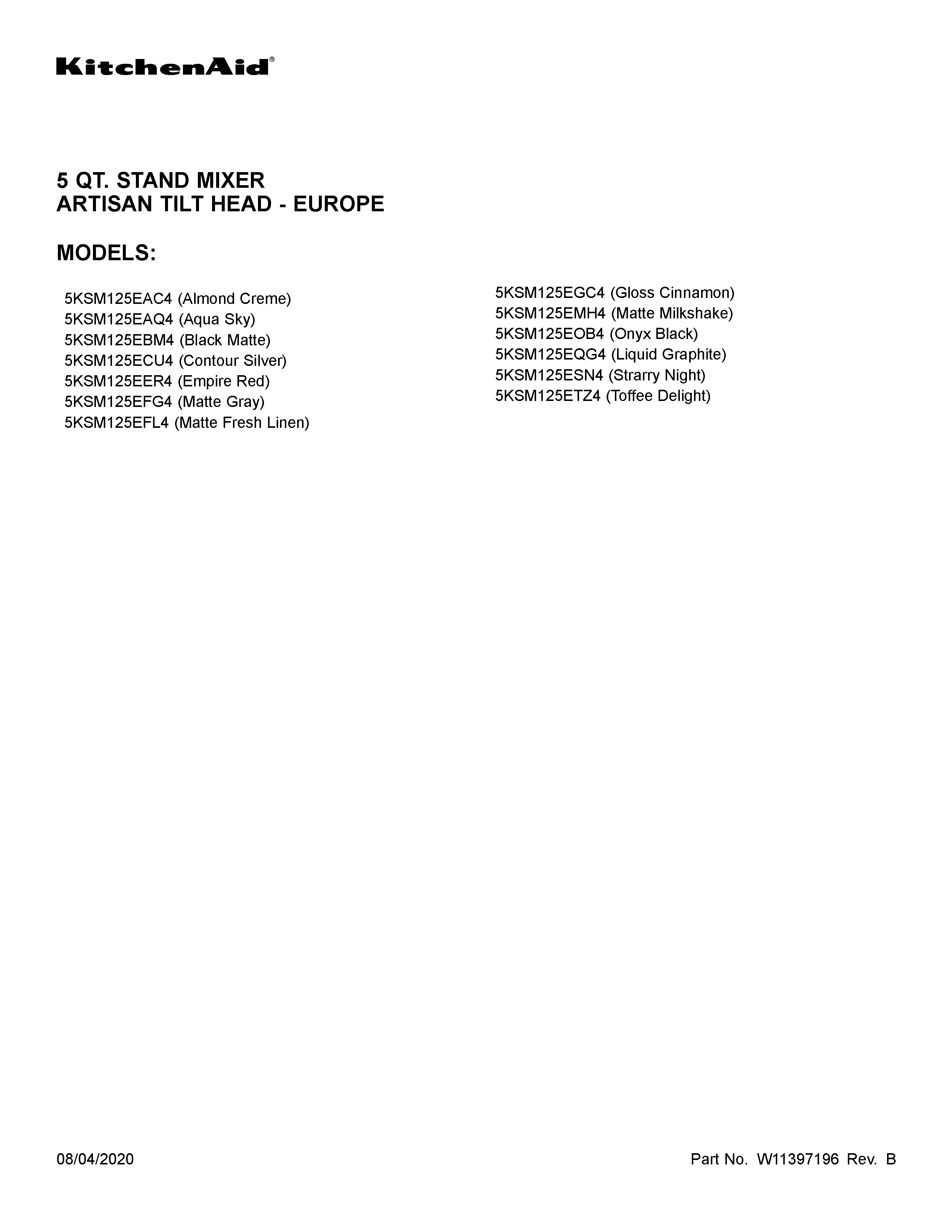 KitchenAid 5KSM125EOB4 cover sheet diagram