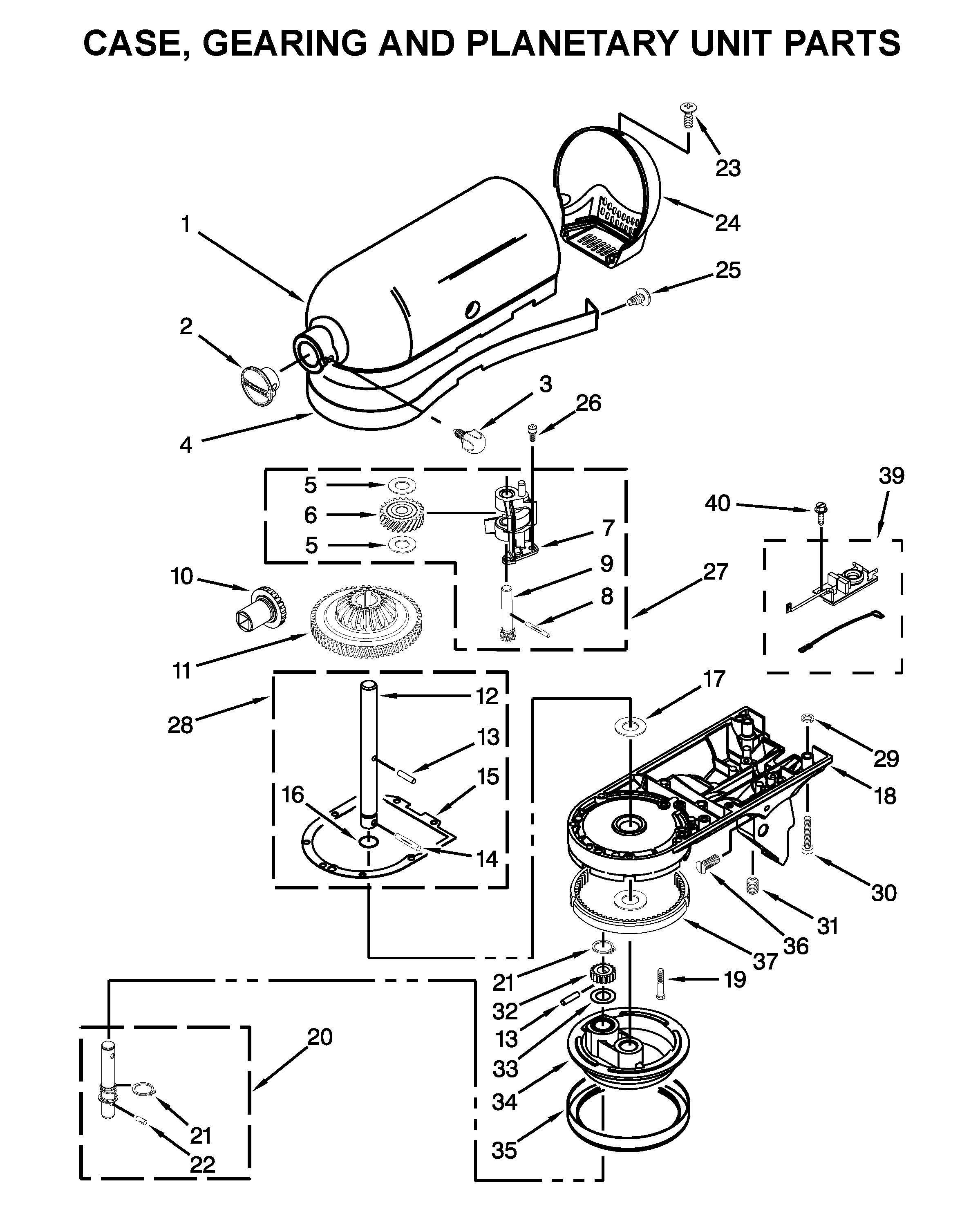 KitchenAid 5KSM125EOB4 case, gearing and planetary unit parts diagram