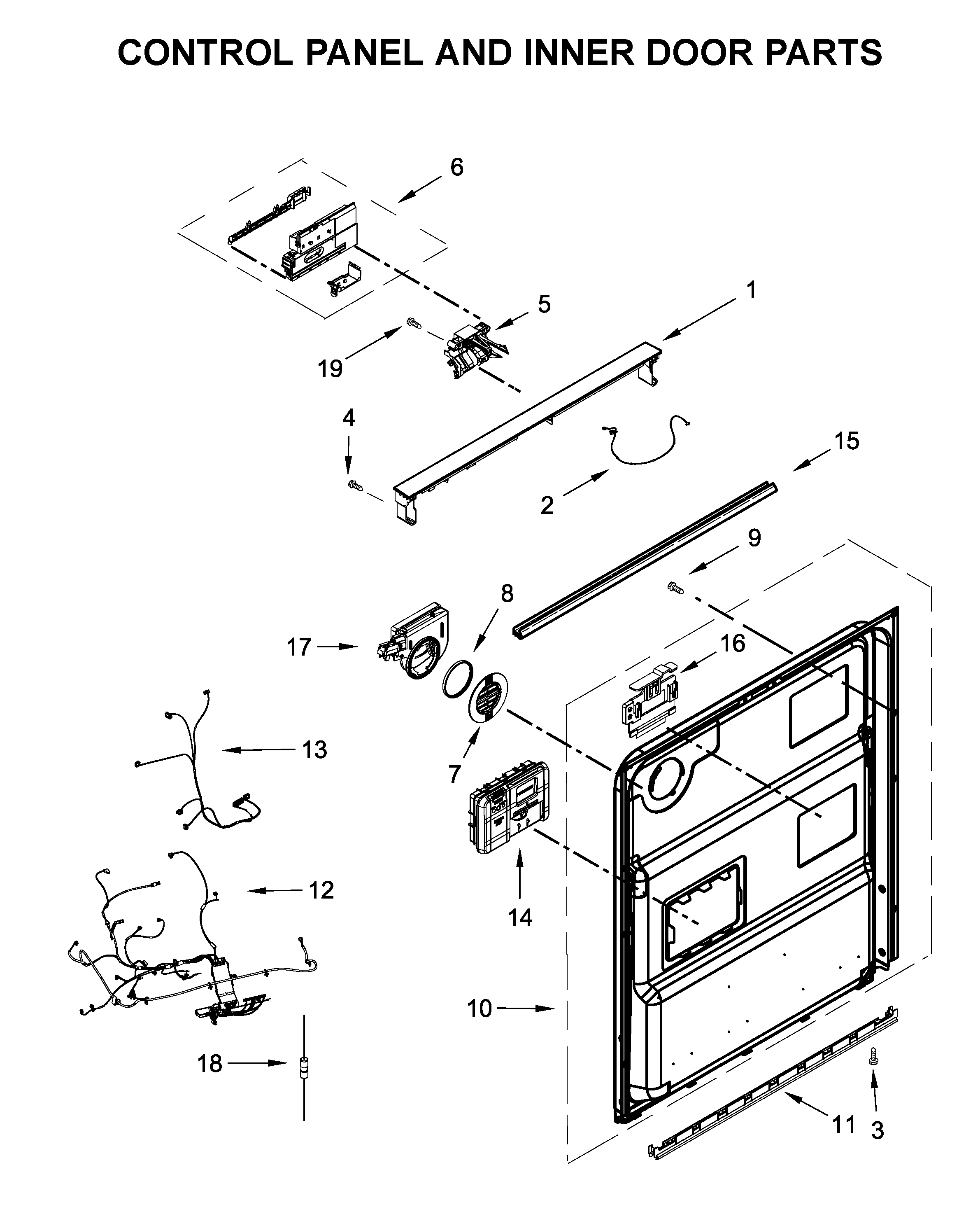 KitchenAid KDFE104KWH0 control panel and inner door parts diagram
