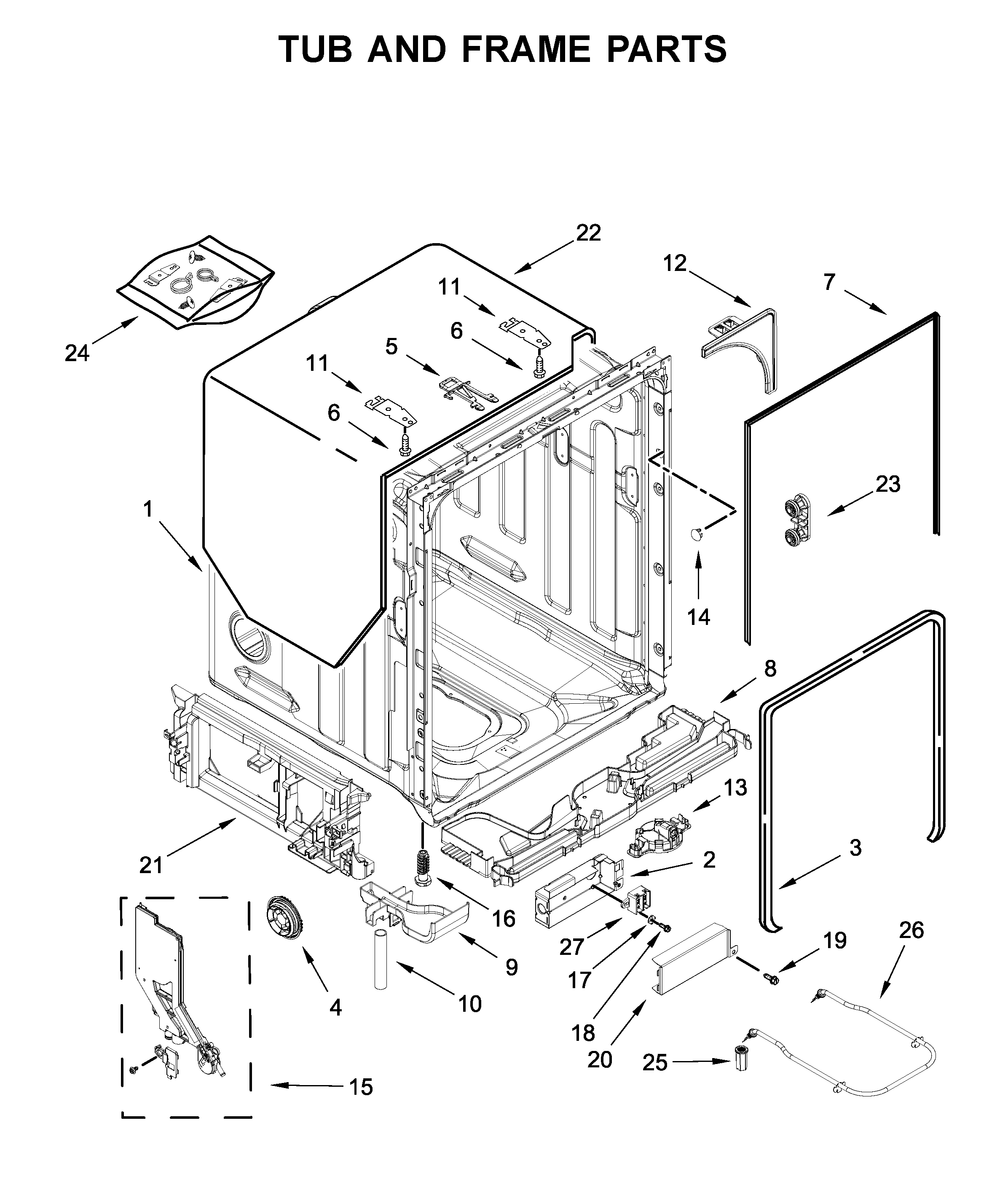 KitchenAid KDFE104KWH0 tub and frame parts diagram