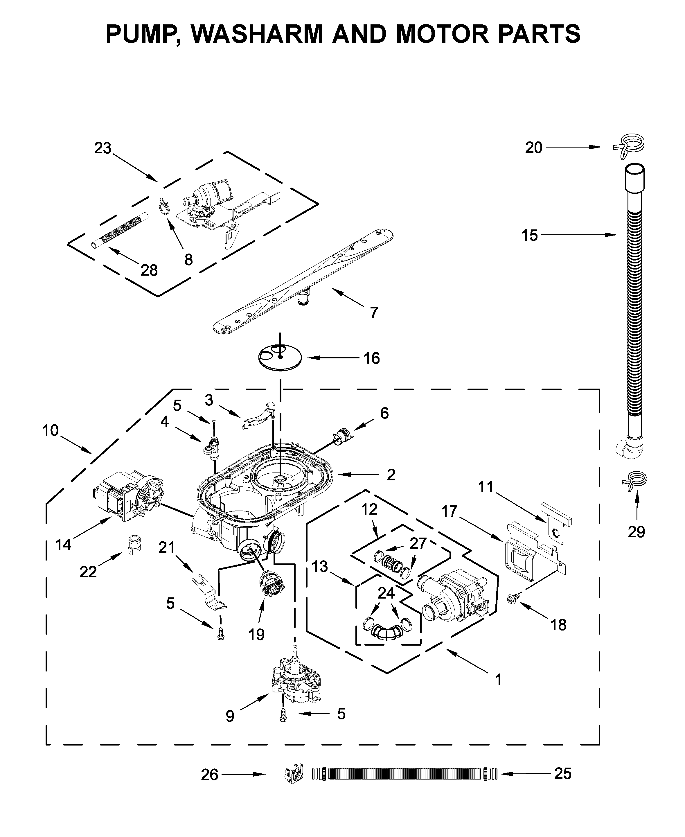 KitchenAid KDFE104KWH0 pump, washarm and motor parts diagram