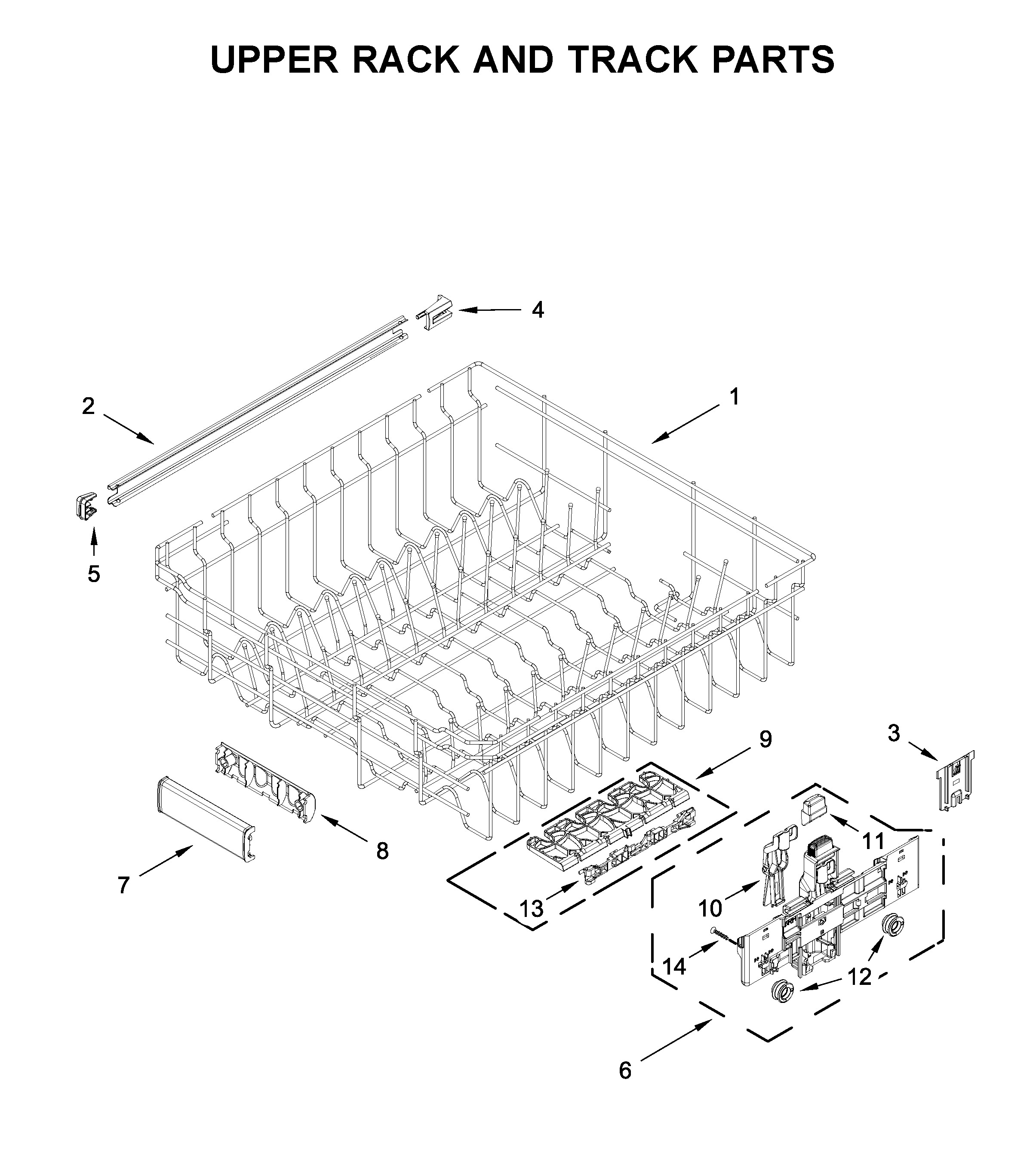 KitchenAid KDFE104KWH0 upper rack and track parts diagram