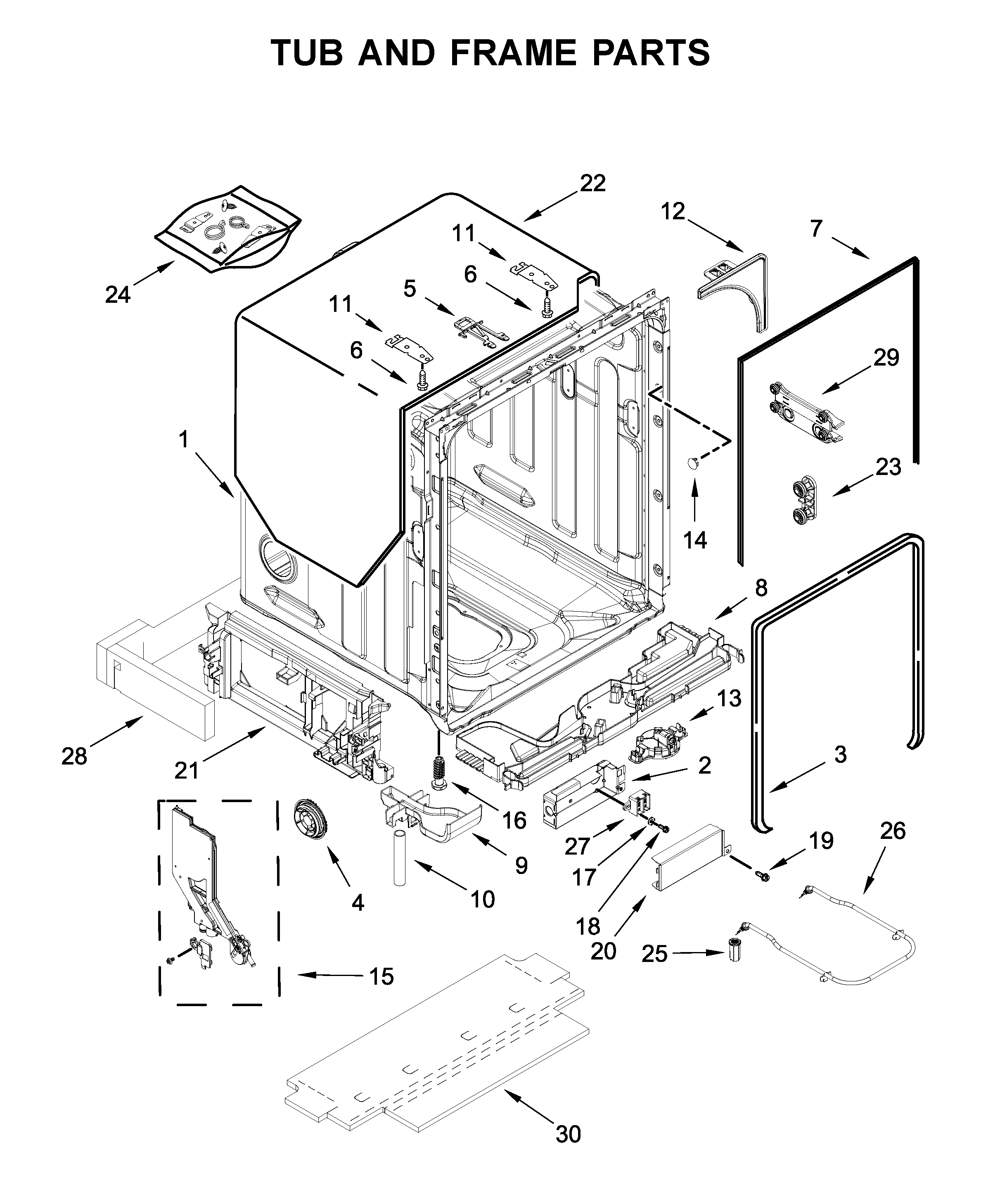 KitchenAid KDTE204KBS0 tub and frame parts diagram