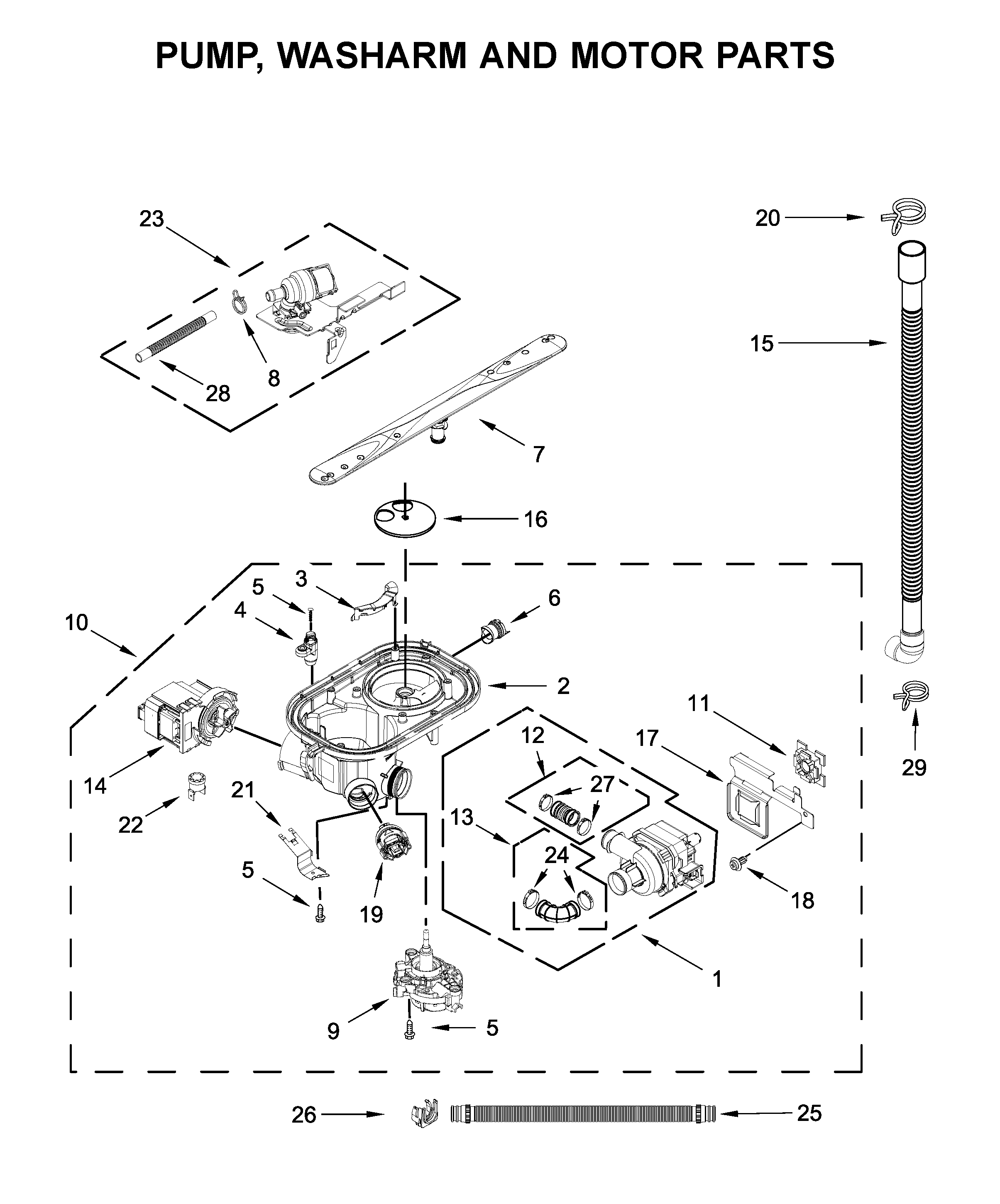 KitchenAid KDTE204KBS0 pump, washarm and motor parts diagram