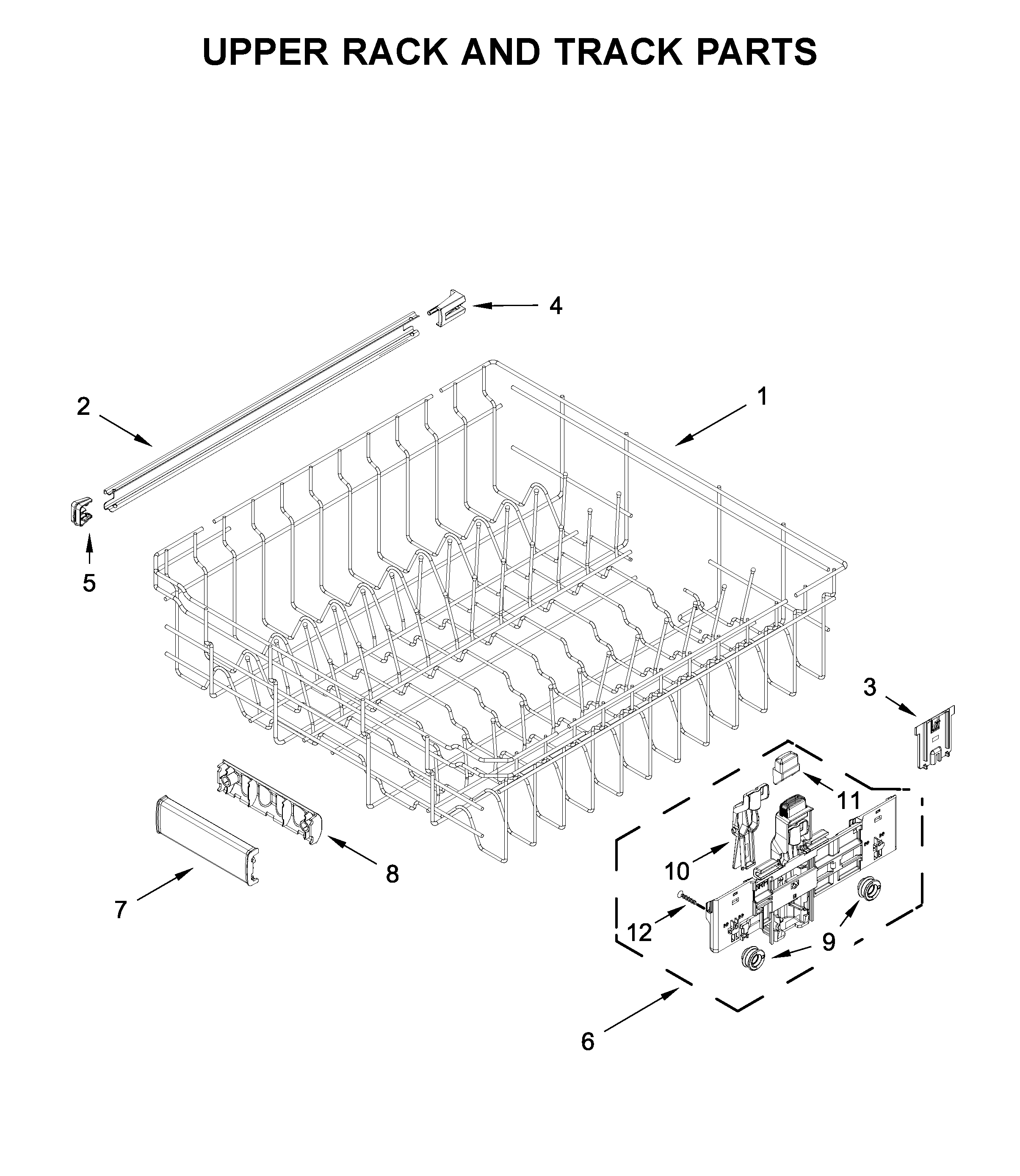 KitchenAid KDTE204KBS0 upper rack and track parts diagram
