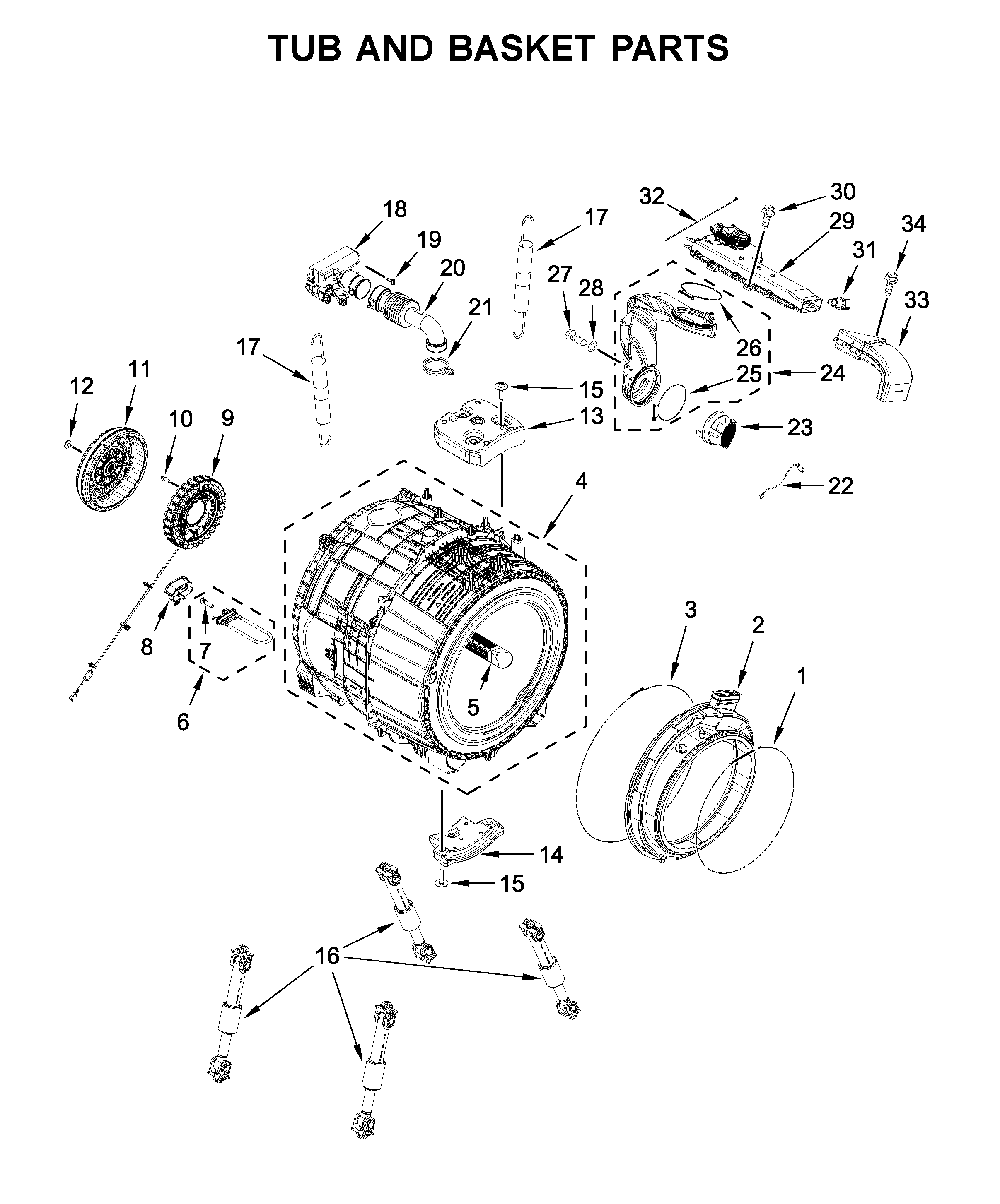 Whirlpool WFW9620HBK0 tub and basket parts diagram