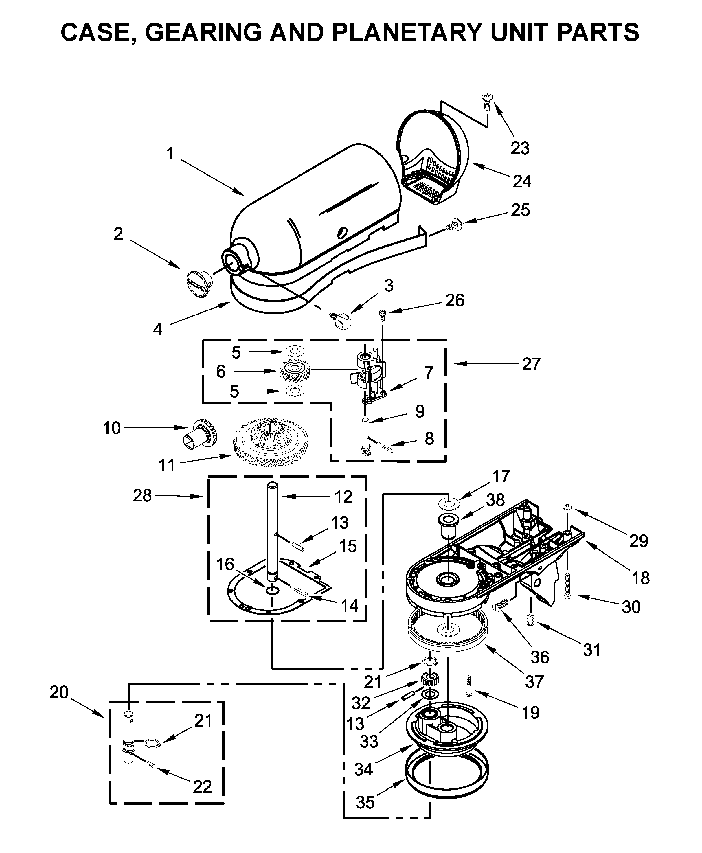 KitchenAid KSM153PSQER0 case, gearing and planetary unit parts diagram
