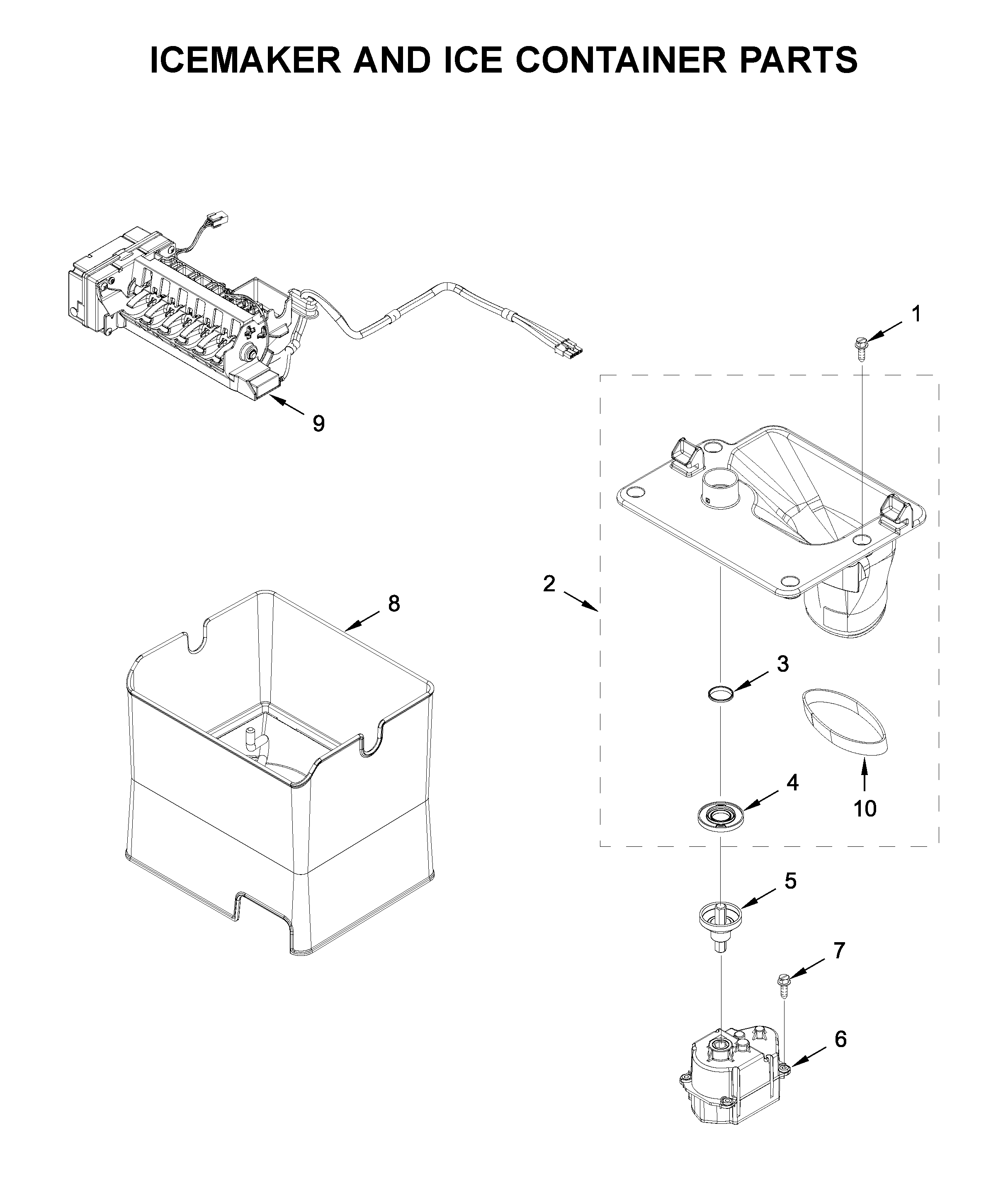 KitchenAid KRMF706ESS04 icemaker and ice container parts diagram