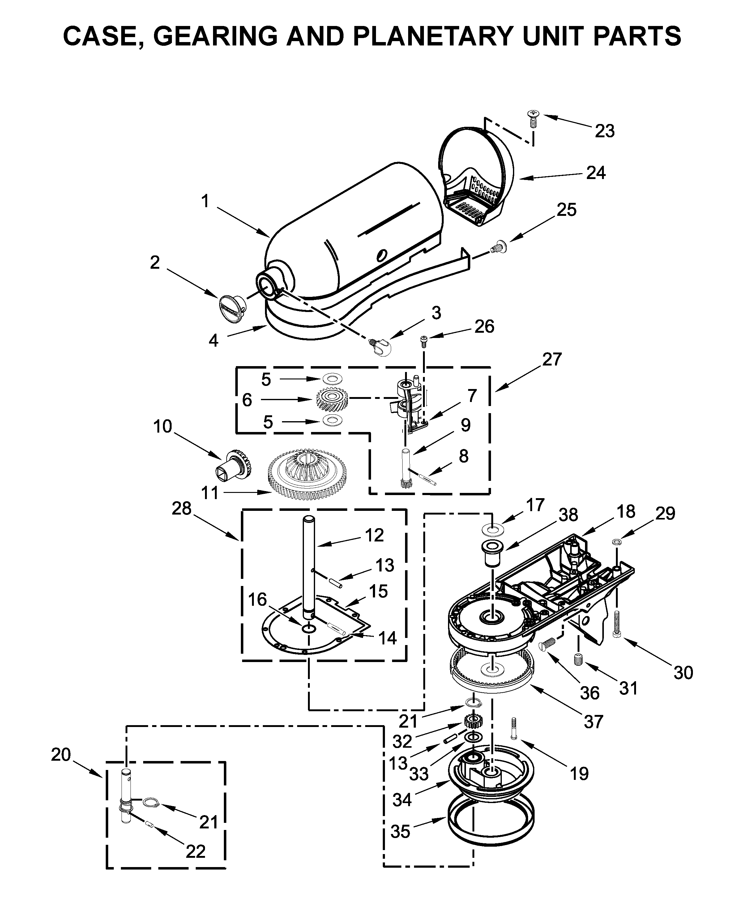 KitchenAid KSM154GBQ4HT0 case, gearing and planetary unit parts diagram