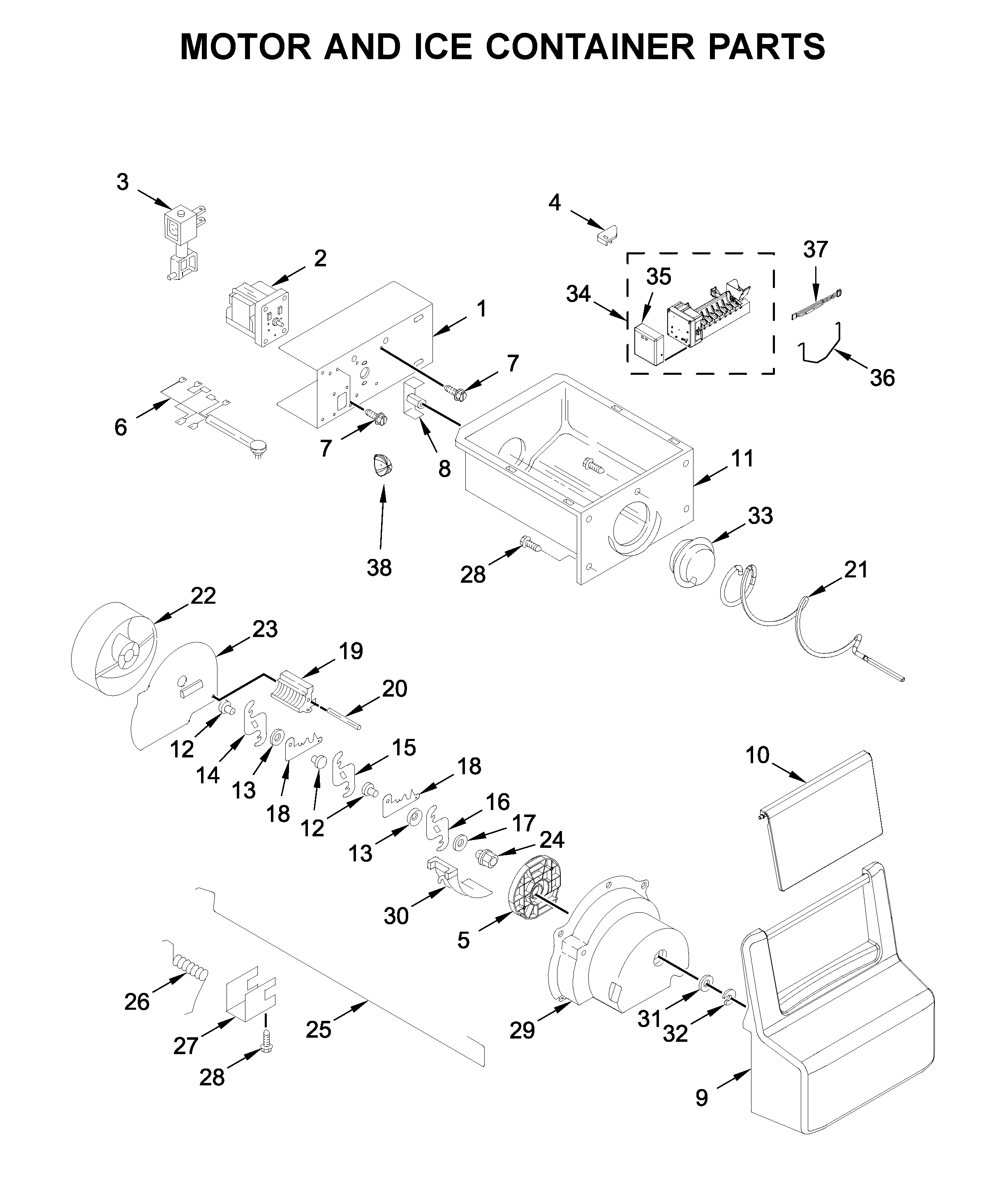 Whirlpool WRS315SDHT05 motor and ice container parts diagram
