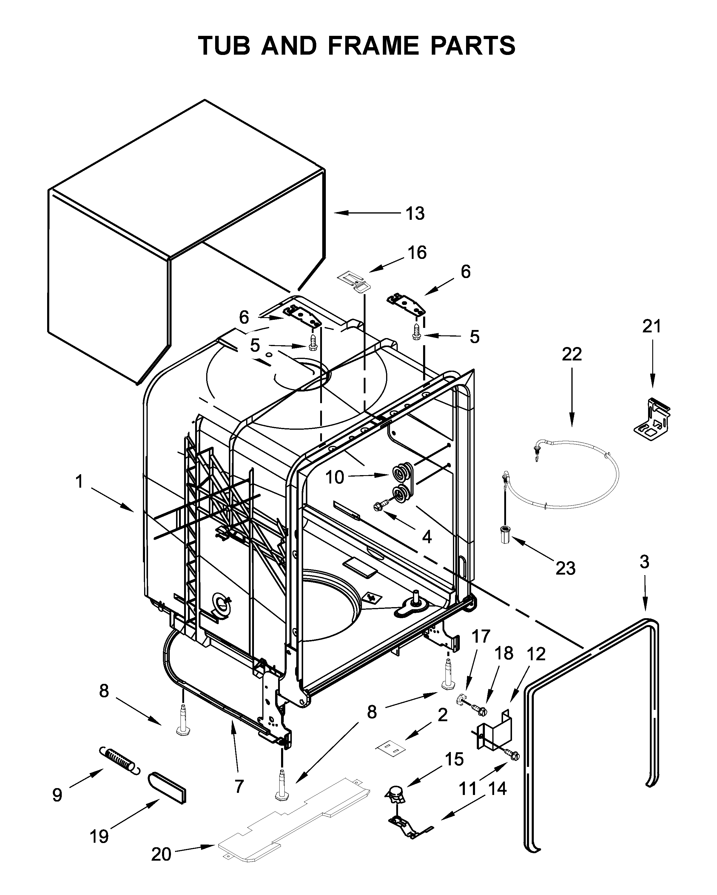 Whirlpool WDF330PAHB4 tub and frame parts diagram