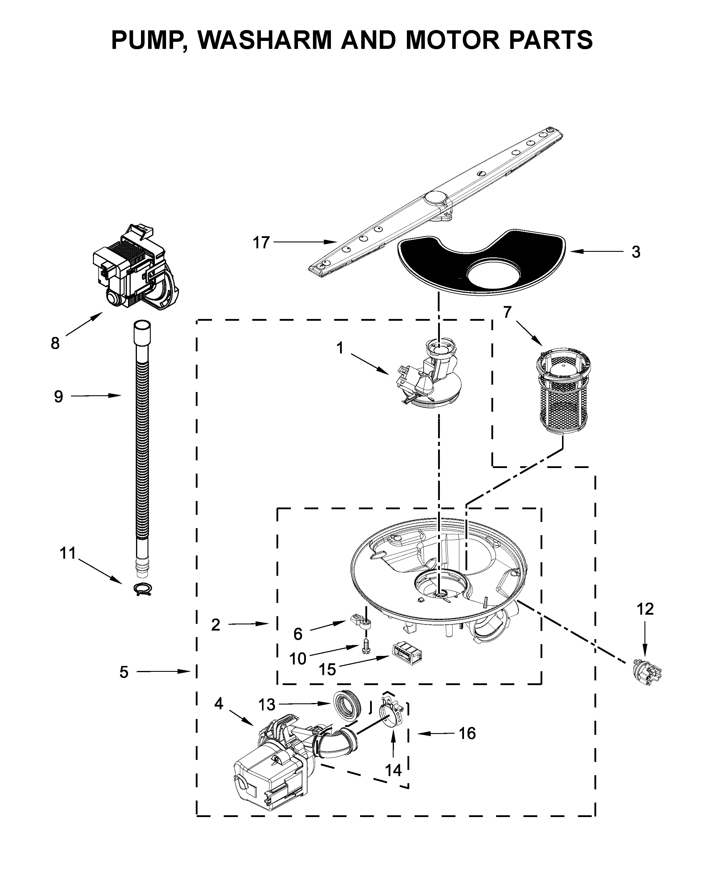 Whirlpool WDF330PAHB4 pump, washarm and motor parts diagram
