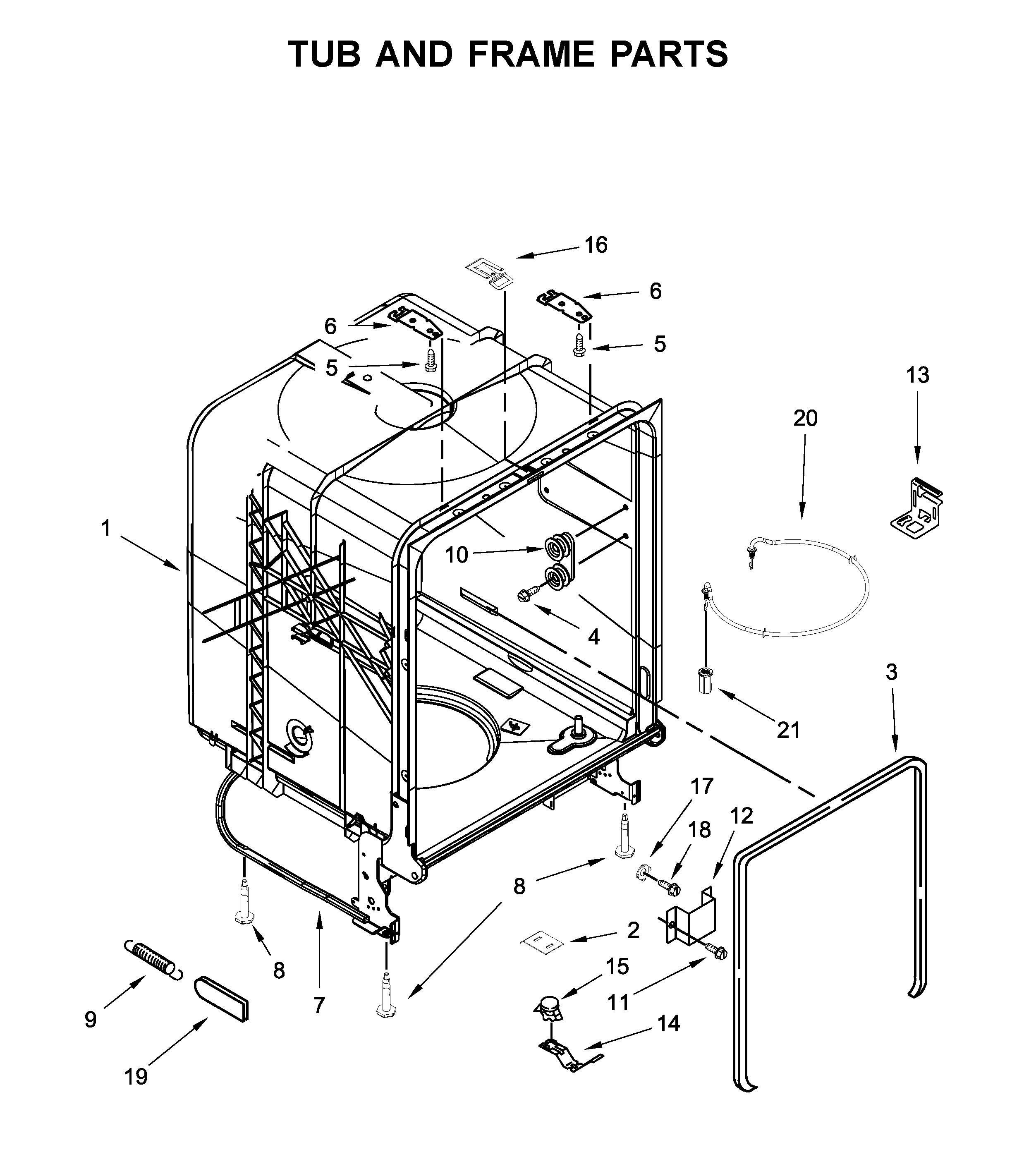 Whirlpool WDF130PAHB2 tub and frame parts diagram