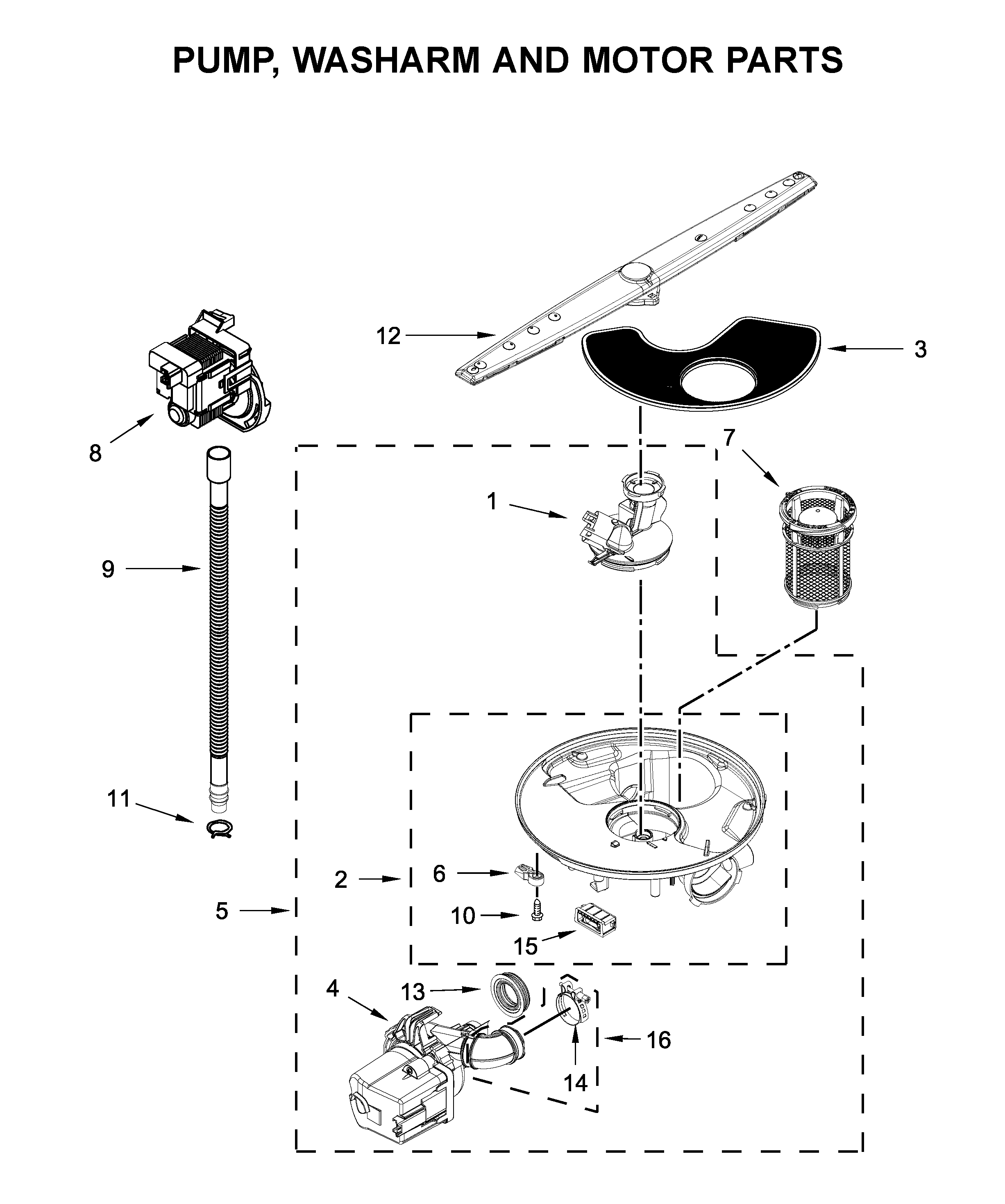 Whirlpool WDF130PAHB2 pump, washarm and motor parts diagram