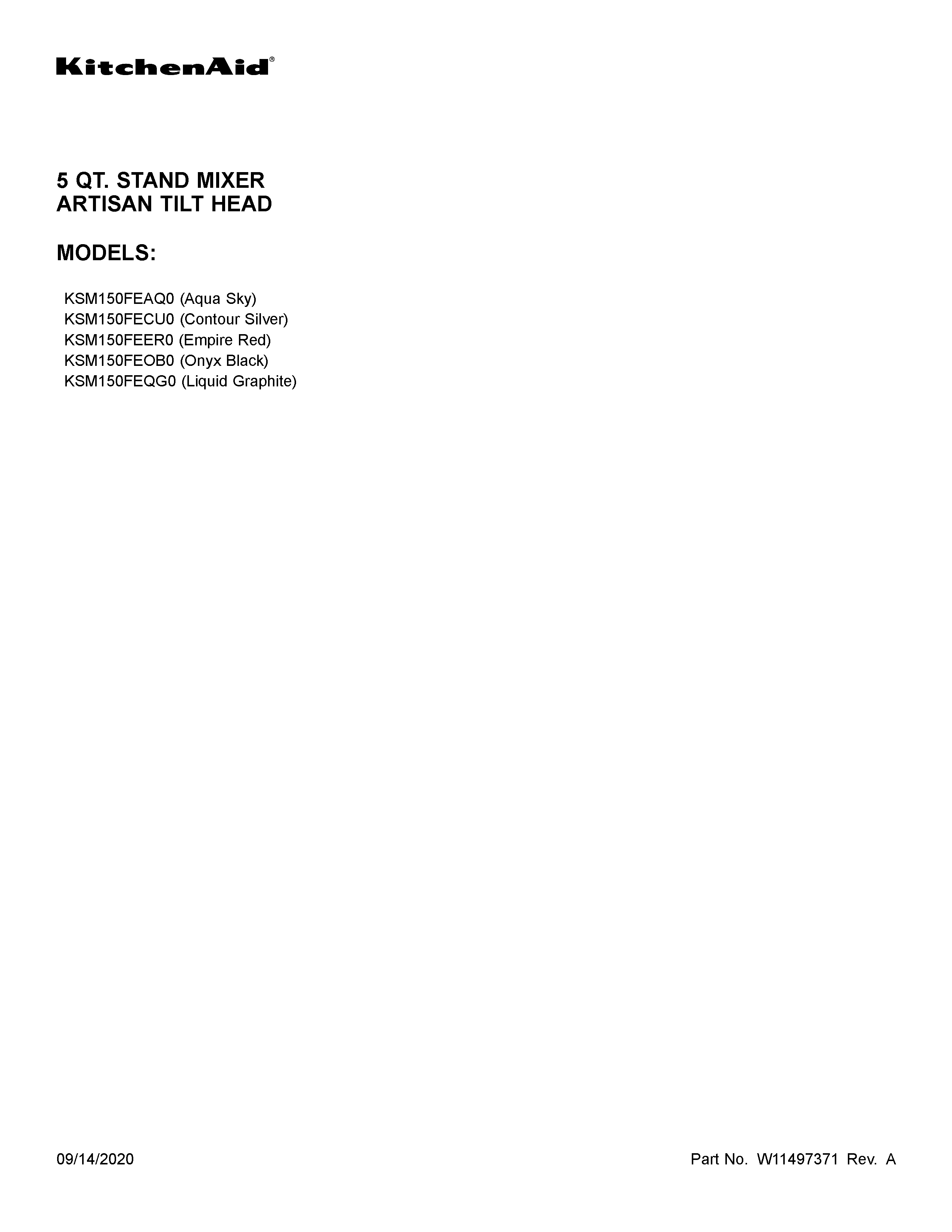 KitchenAid KSM150FECU0 cover sheet diagram