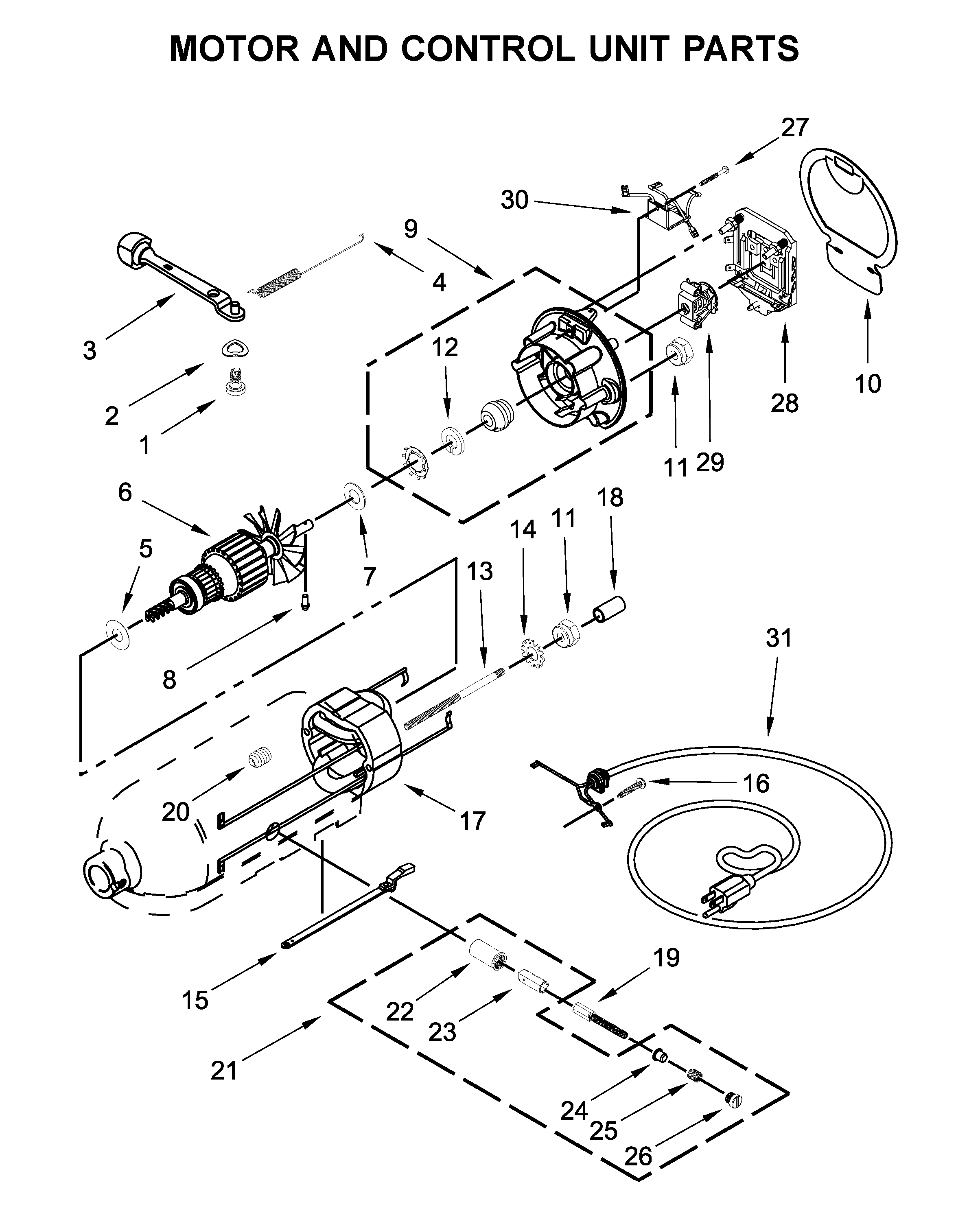 KitchenAid 5KSM150PSPER0 motor and control unit parts diagram