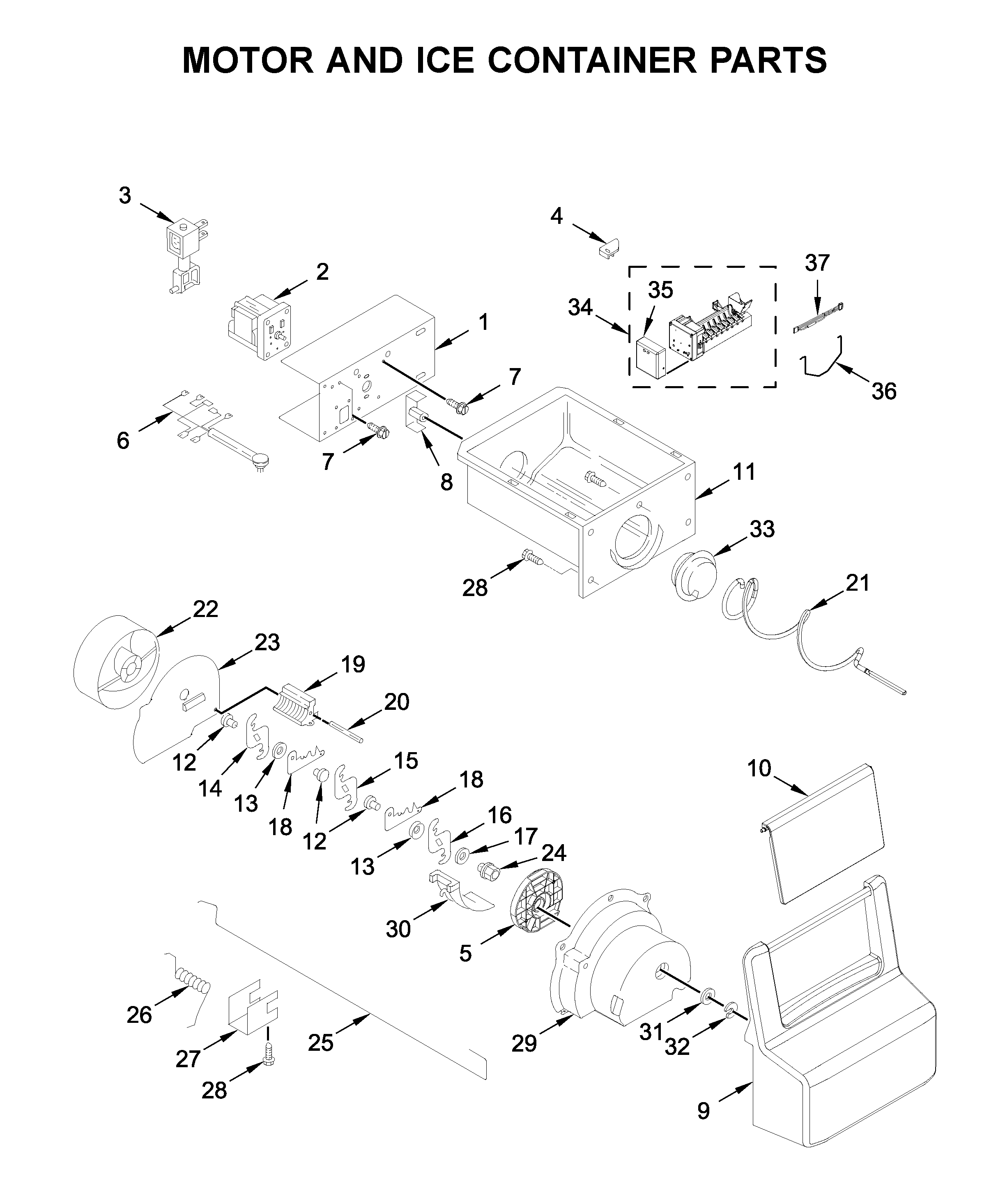 Whirlpool WRS315SDHB02 motor and ice container parts diagram